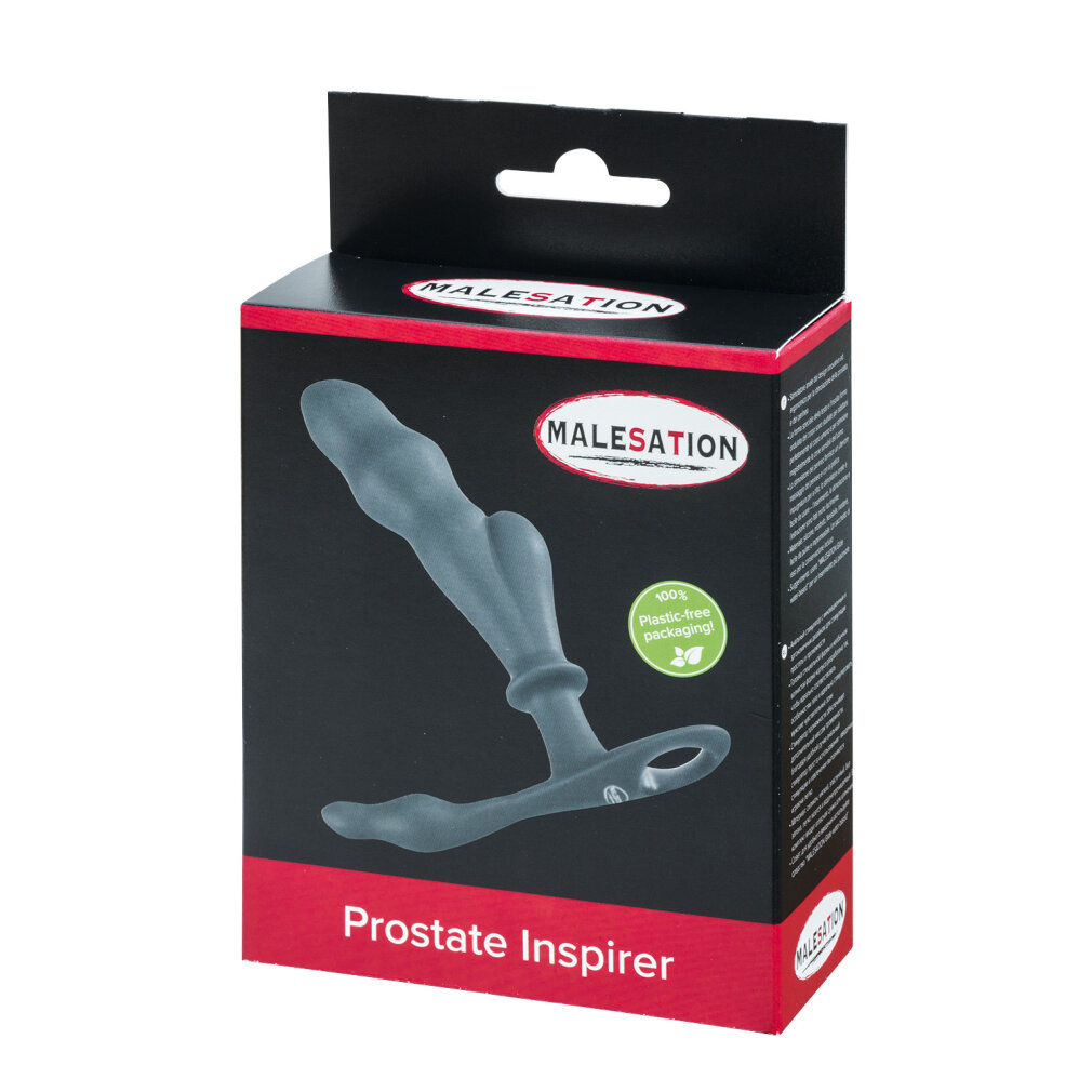 Grauer Prostate-Stimulator in einer schwarzen Verpackung mit roten Akzenten.