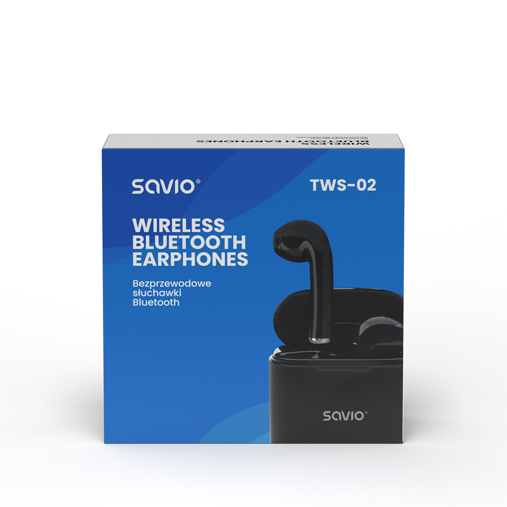 Czarne bezprzewodowe słuchawki Bluetooth Savio TWS-02 w czarnym etui ładującym.