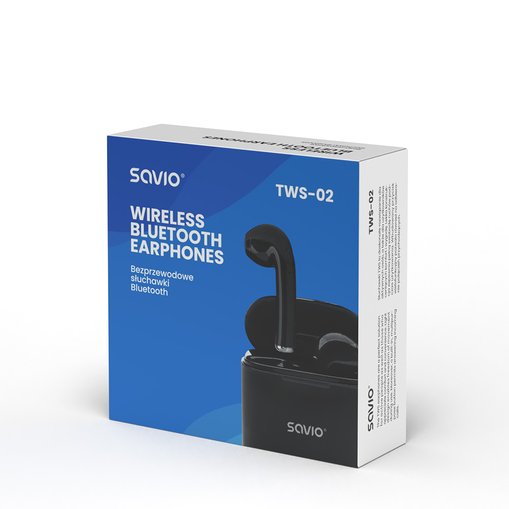 Opakowanie bezprzewodowych słuchawek Bluetooth SAVIO TWS-02 z obrazem słuchawek.