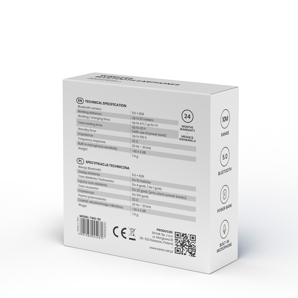 Opakowanie słuchawek bezprzewodowych z danymi technicznymi i funkcjami.