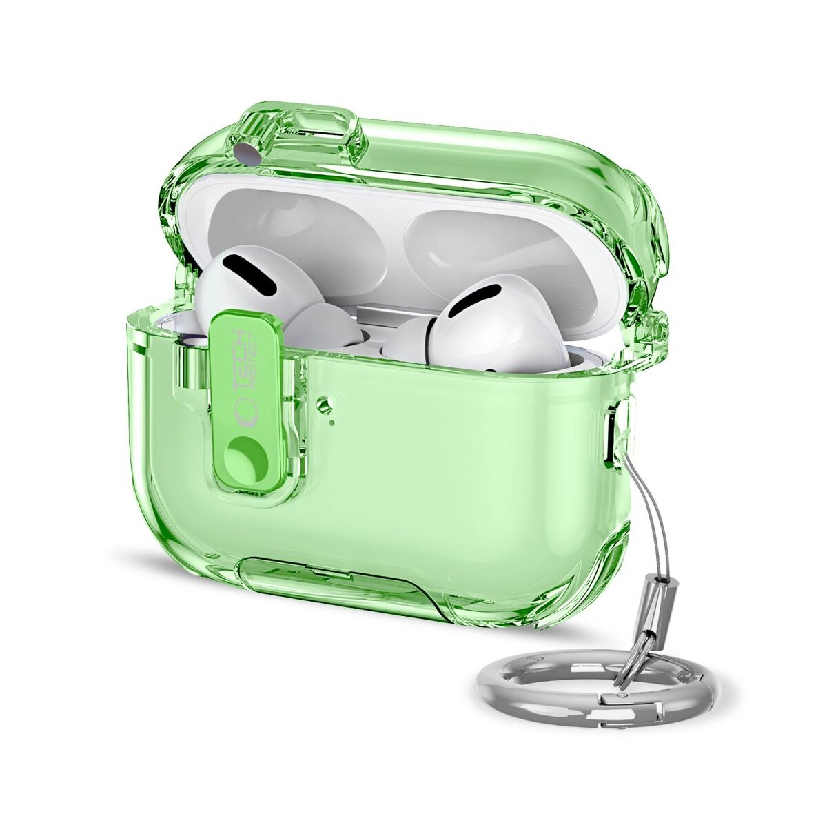 Grünes durchsichtiges Etui mit weißen Ohrhörern und Ladecase, mit Lanyard.