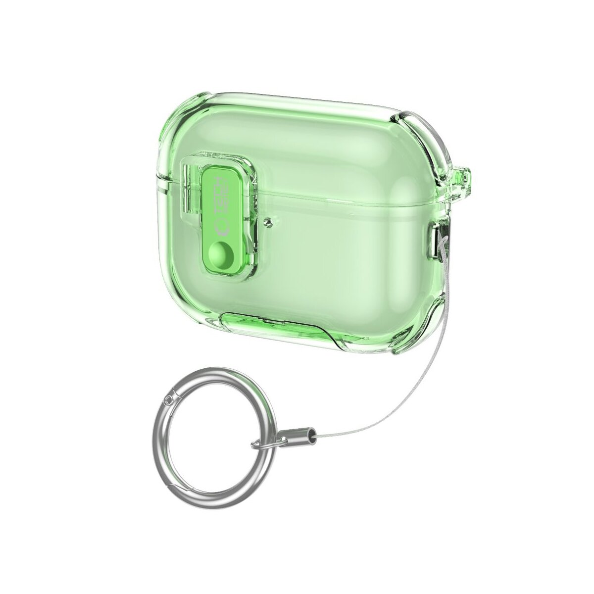 Transparenter grüner Kopfhörer-Ladeetui mit Karabiner und Kabel.
