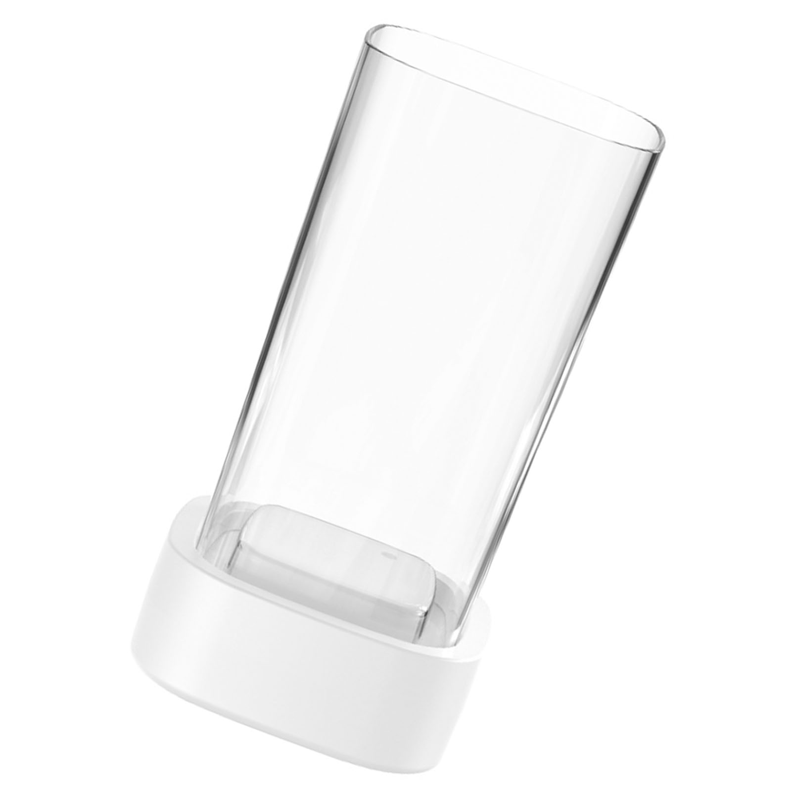 Ein transparenter Glaszylinder auf einem weißen Sockel, weißer Hintergrund.