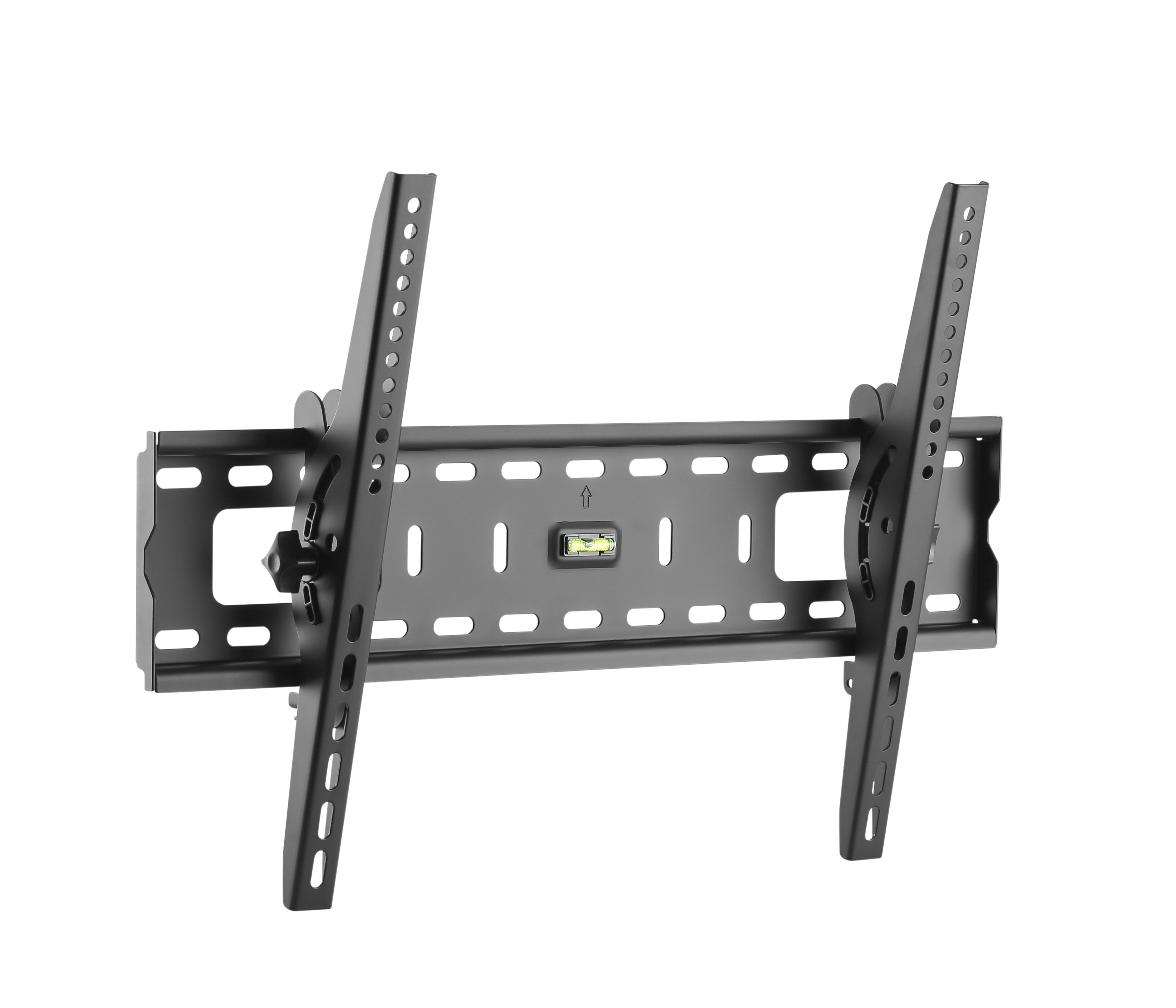 Schwarze TV-Wandhalterung mit Wasserwaage und verstellbaren Armen.