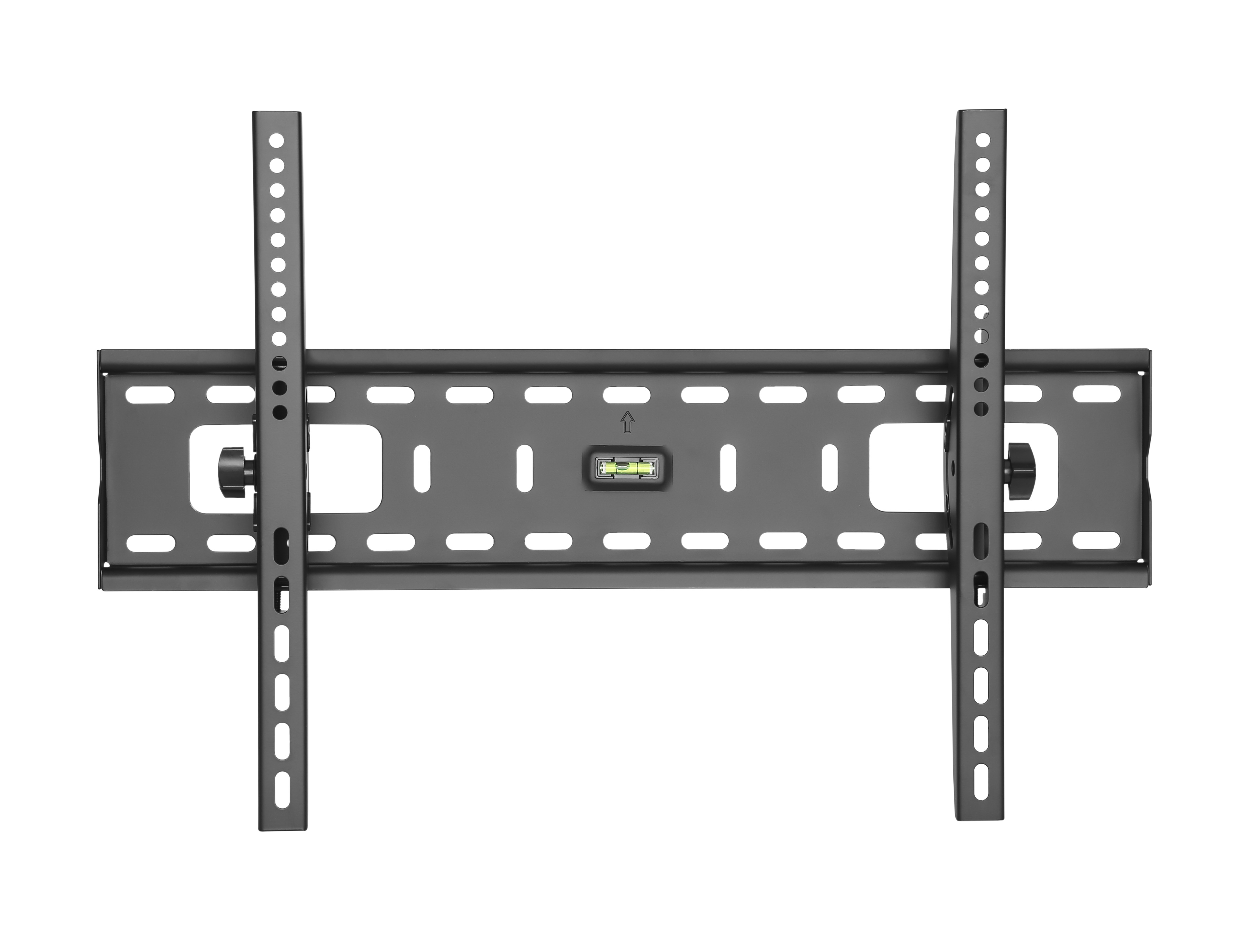 Eine schwarze TV-Wandhalterung mit Wasserwaage, verstellbaren Armen und vielen Löchern.