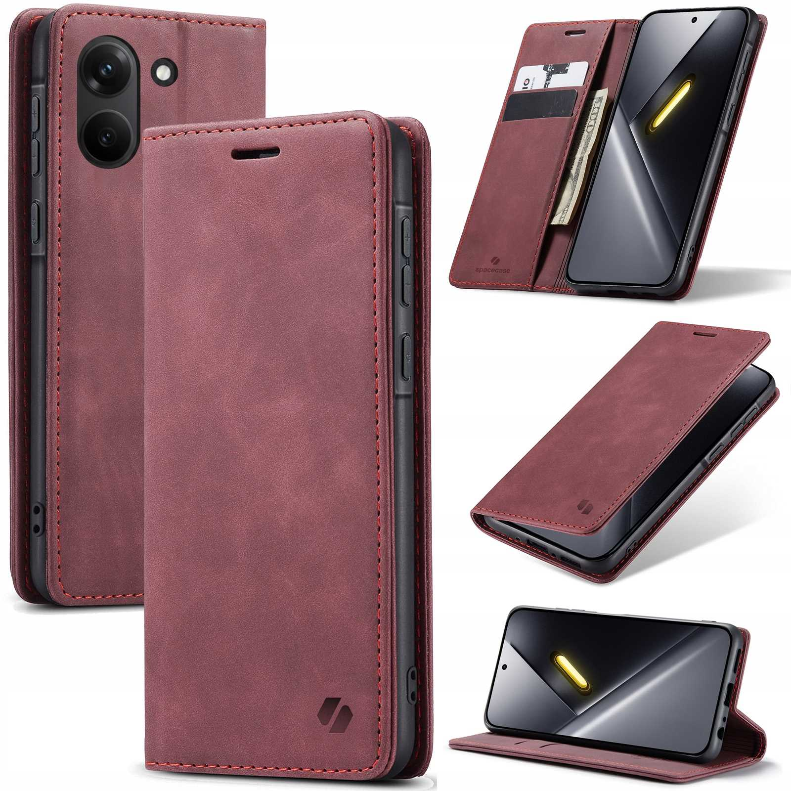 Bordowy etui na telefon z czerwonymi szwami, otwarte z kartami i gotówką.