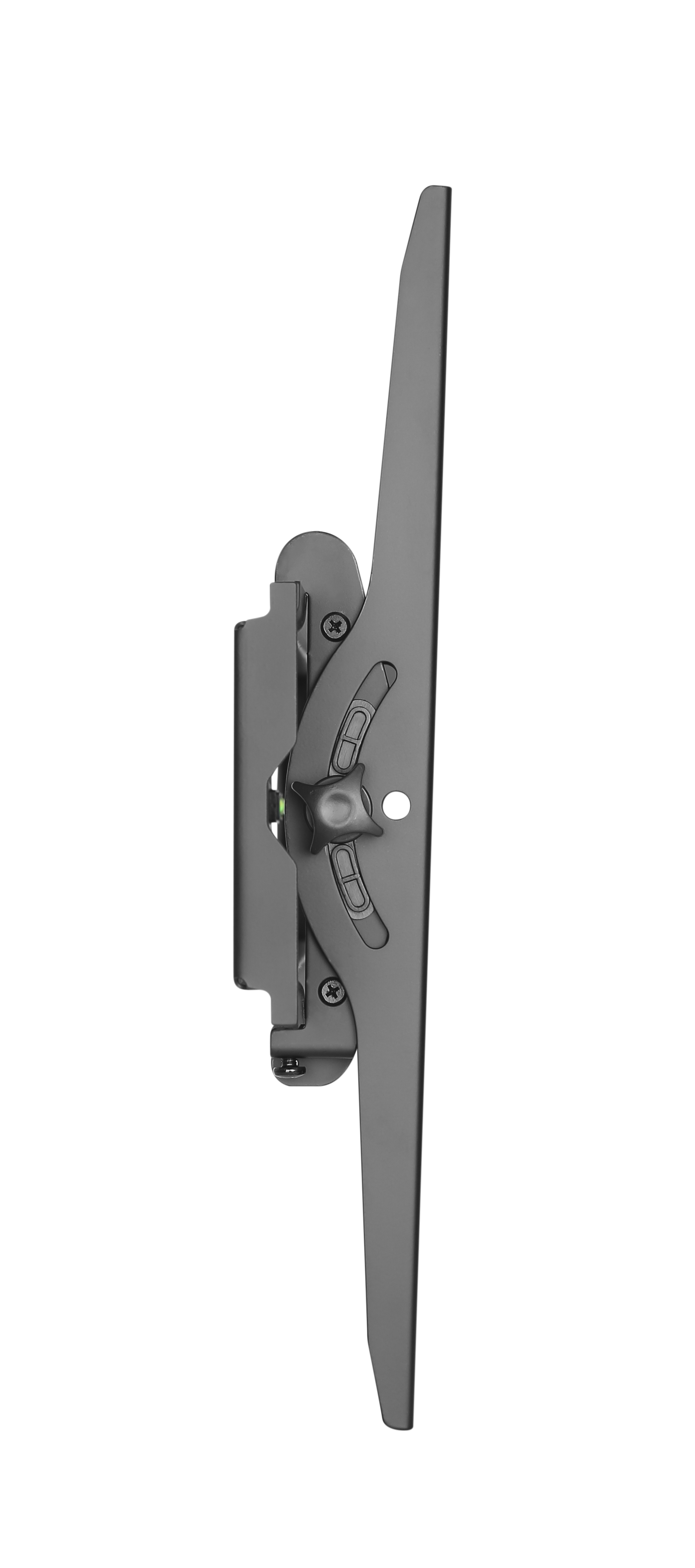 Grauer Fernsehhalter mit Verstellmechanismus und Wasserwaage.