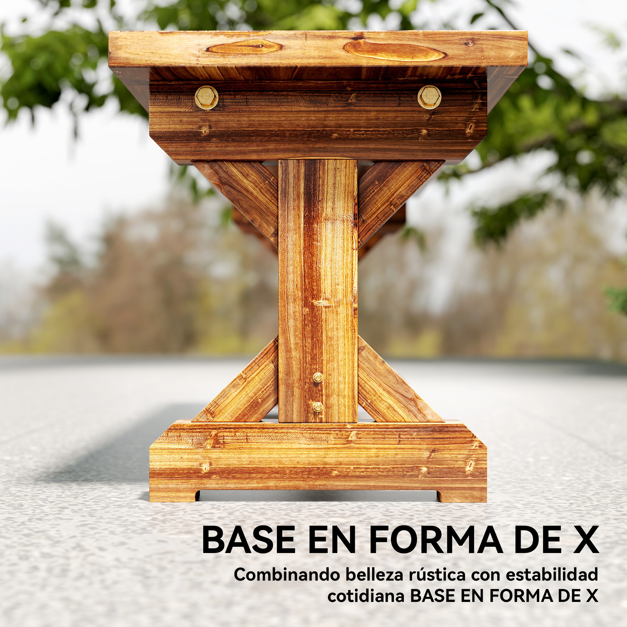 Una pata de mesa de madera en forma de X con pernos, al aire libre sobre suelo de piedra.