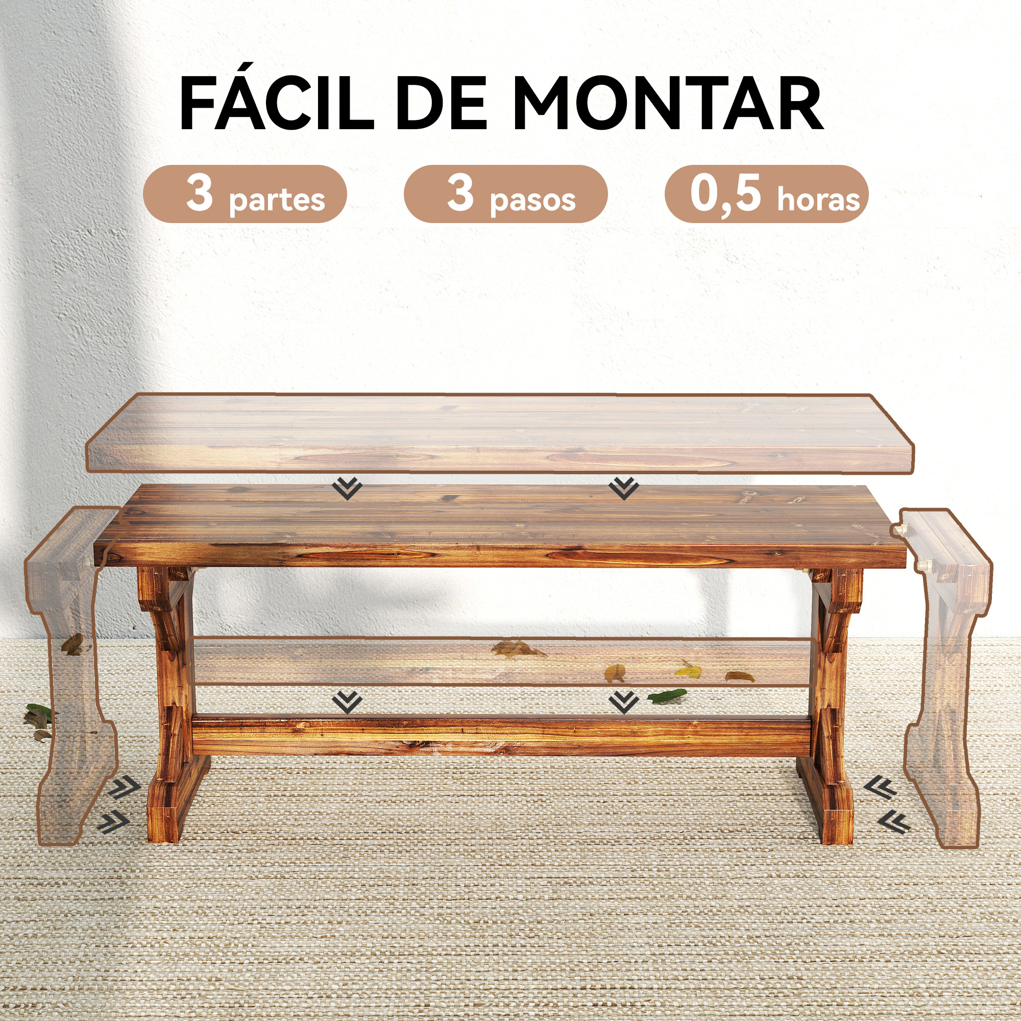 Banco de madera con partes transparentes que muestran el montaje. Texto: Fácil de montar.
