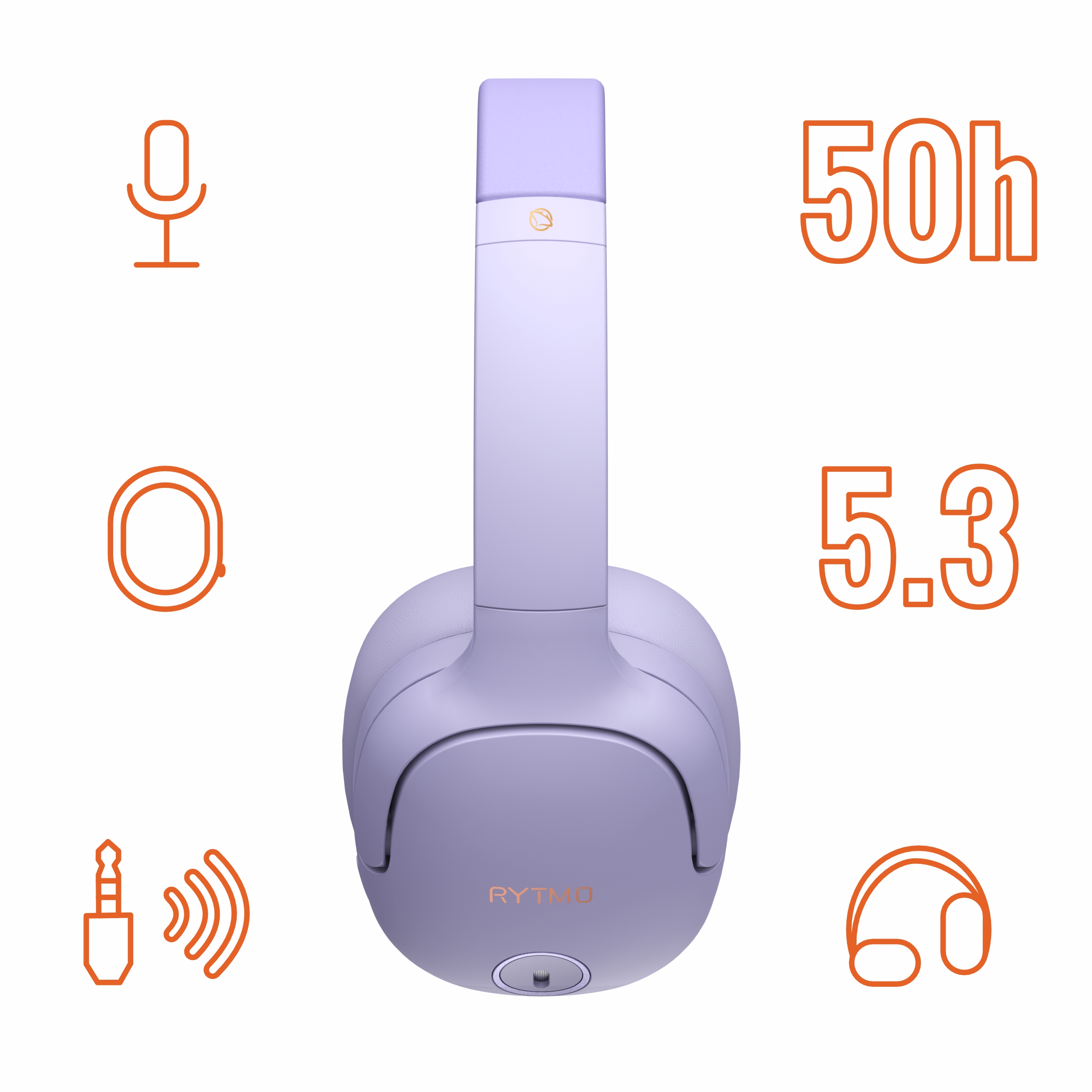 Fioletowe słuchawki z ikonami: mikrofon, pierścień, wtyczka jack, 50h, 5.3, słuchawki.
