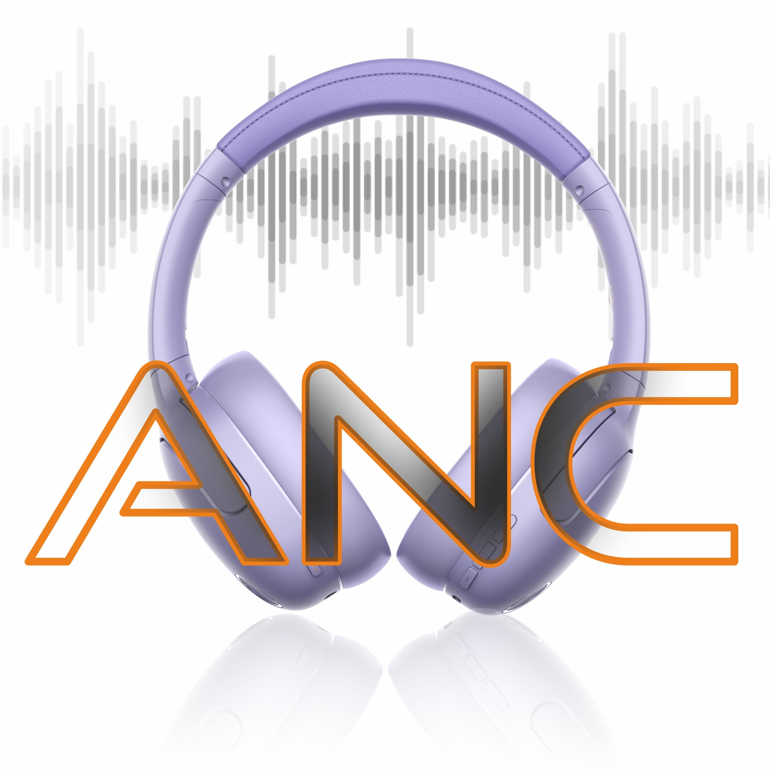 Fioletowe słuchawki z napisem ANC i grafiką fali dźwiękowej.