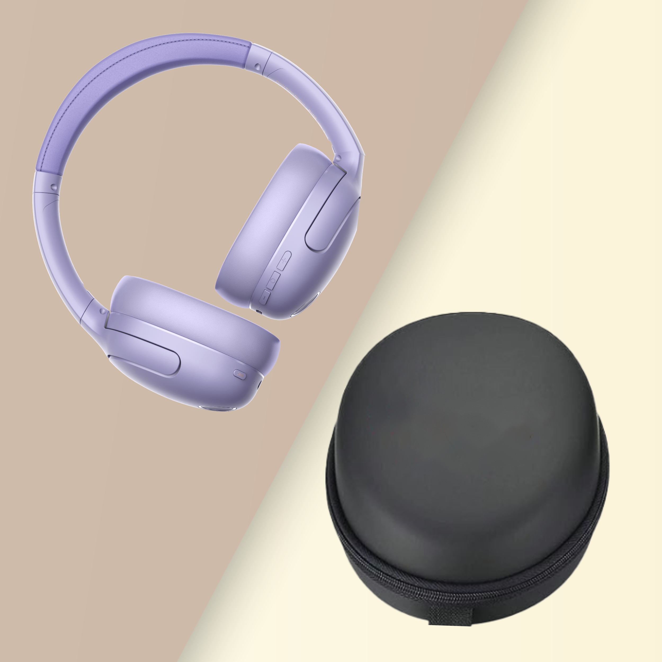 Fioletowe słuchawki obok czarnego etui na podzielonym tle.