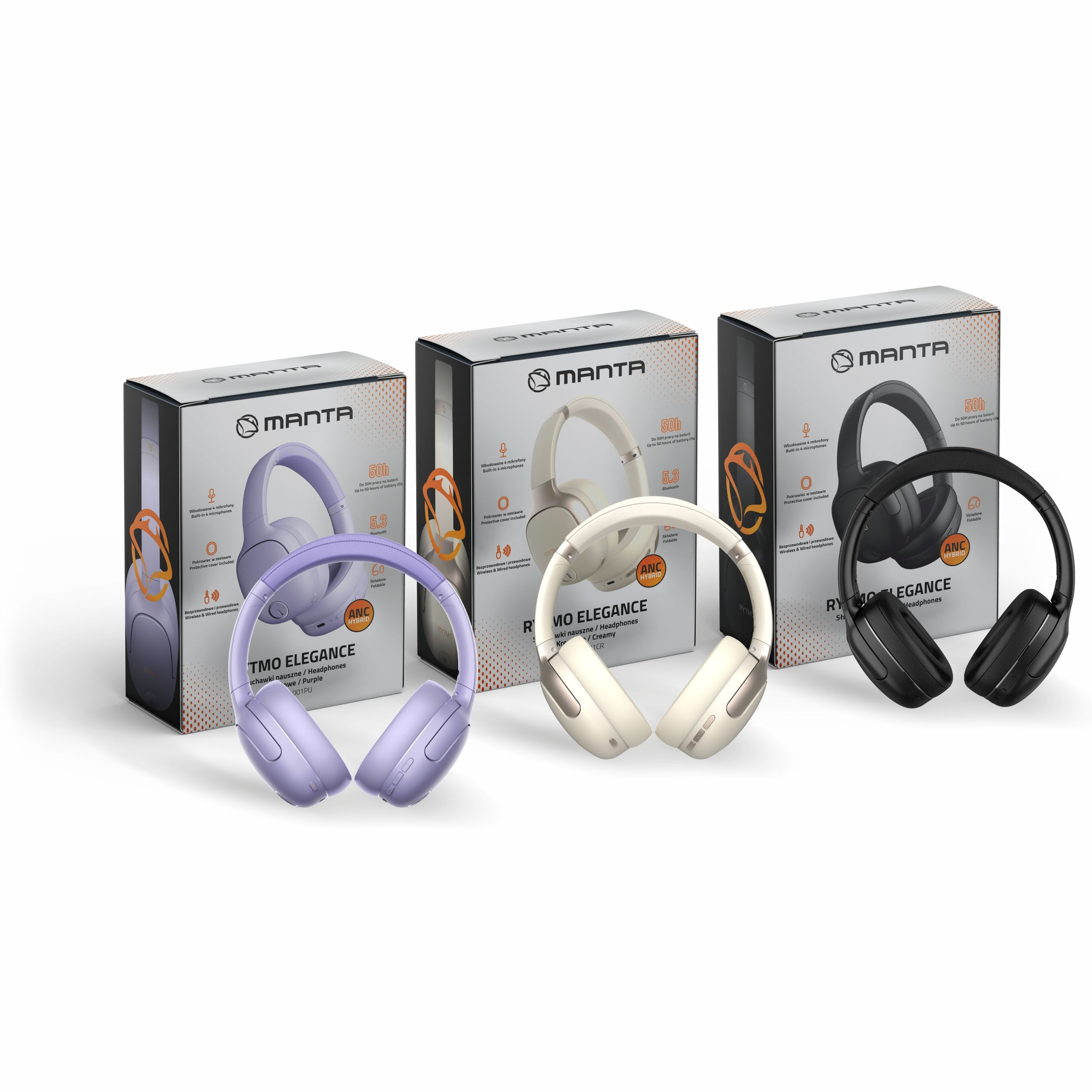 Trzy fioletowe, kremowe i czarne słuchawki Manta z pudełkami.