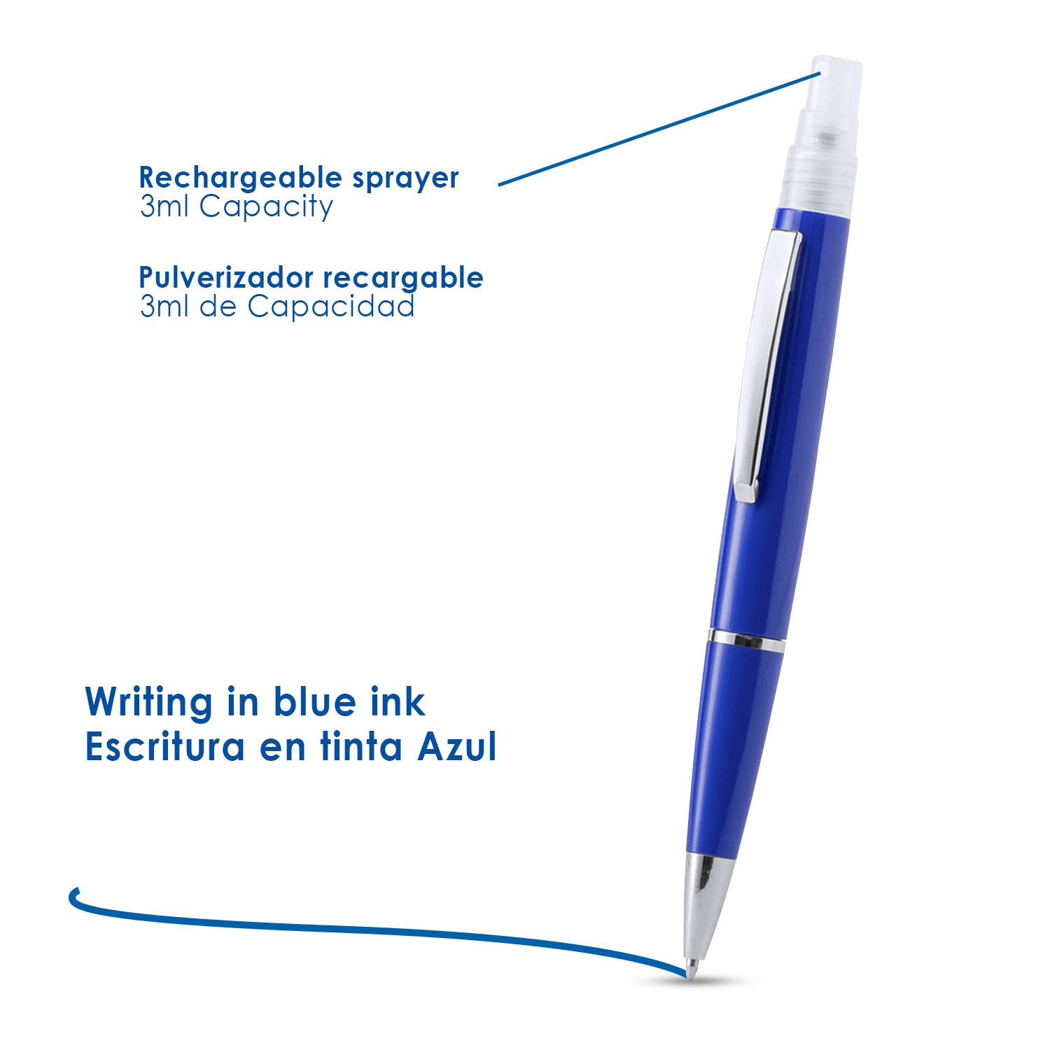 Bolígrafo azul con pulverizador y clip plateado, escribe azul.