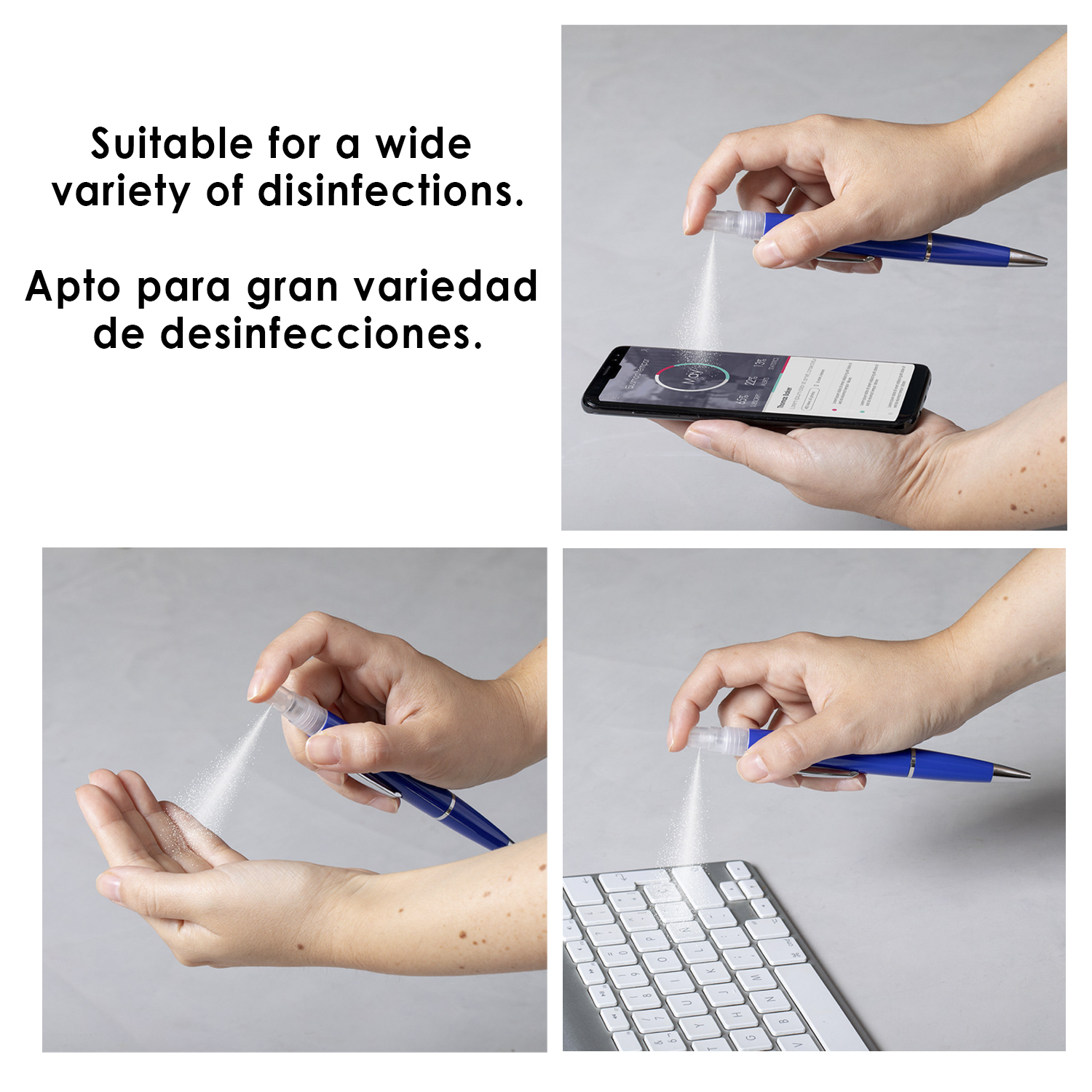 Un pulverizador azul en forma de bolígrafo rocía desinfectante sobre una mano, un teléfono y un teclado.