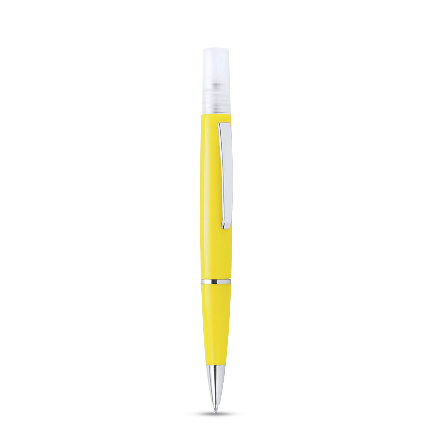 Un bolígrafo amarillo con clip plateado y capuchón transparente.
