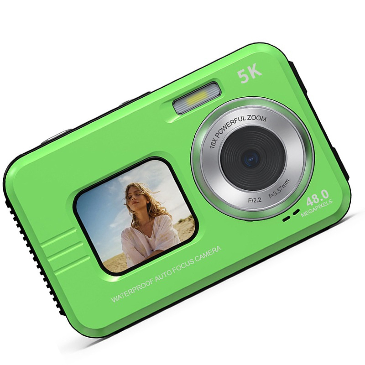 Fotocamera verde 5K con zoom 16x, 48 MP, impermeabile.