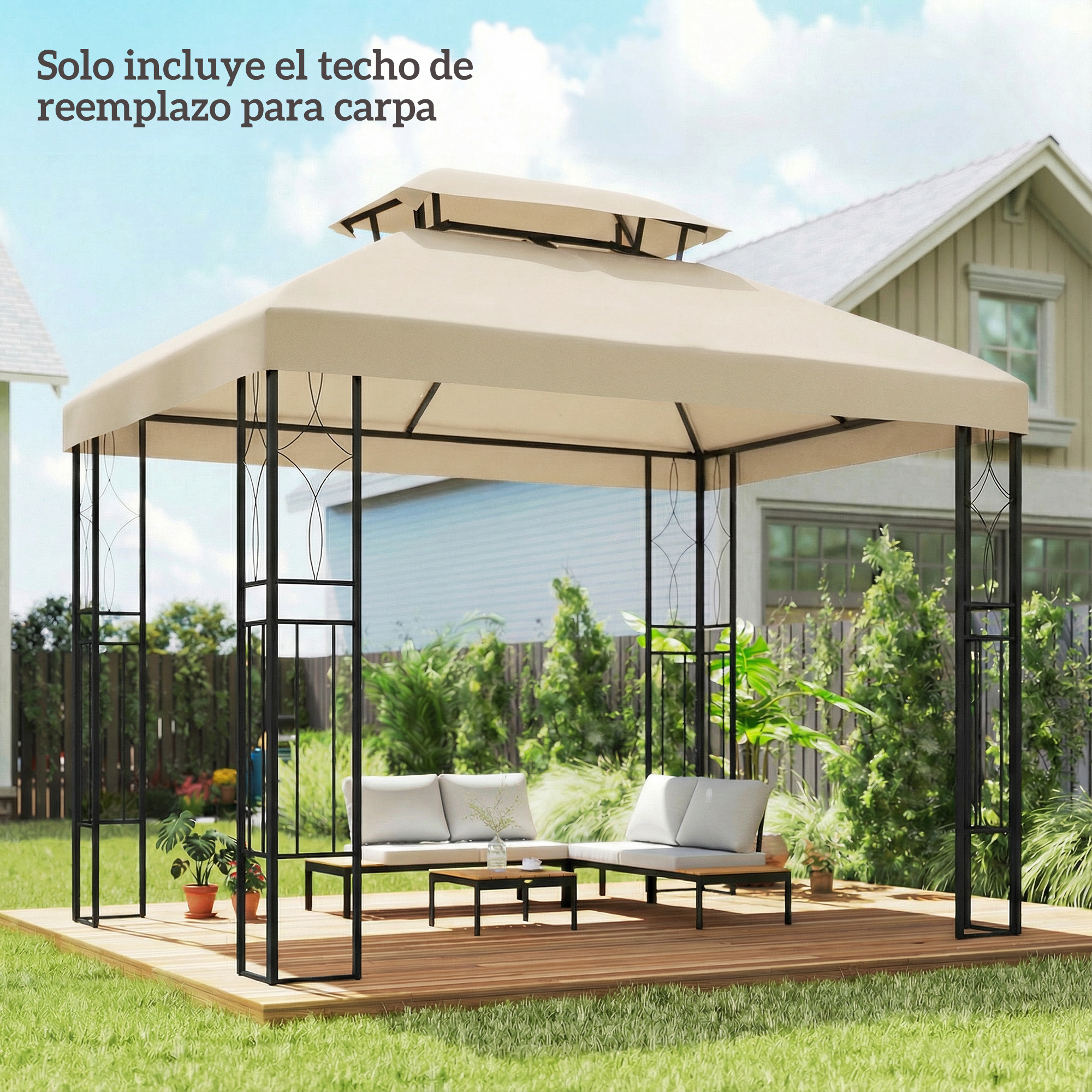 Un cenador beige con estructura negra, muebles de exterior en deck de madera, en patio.