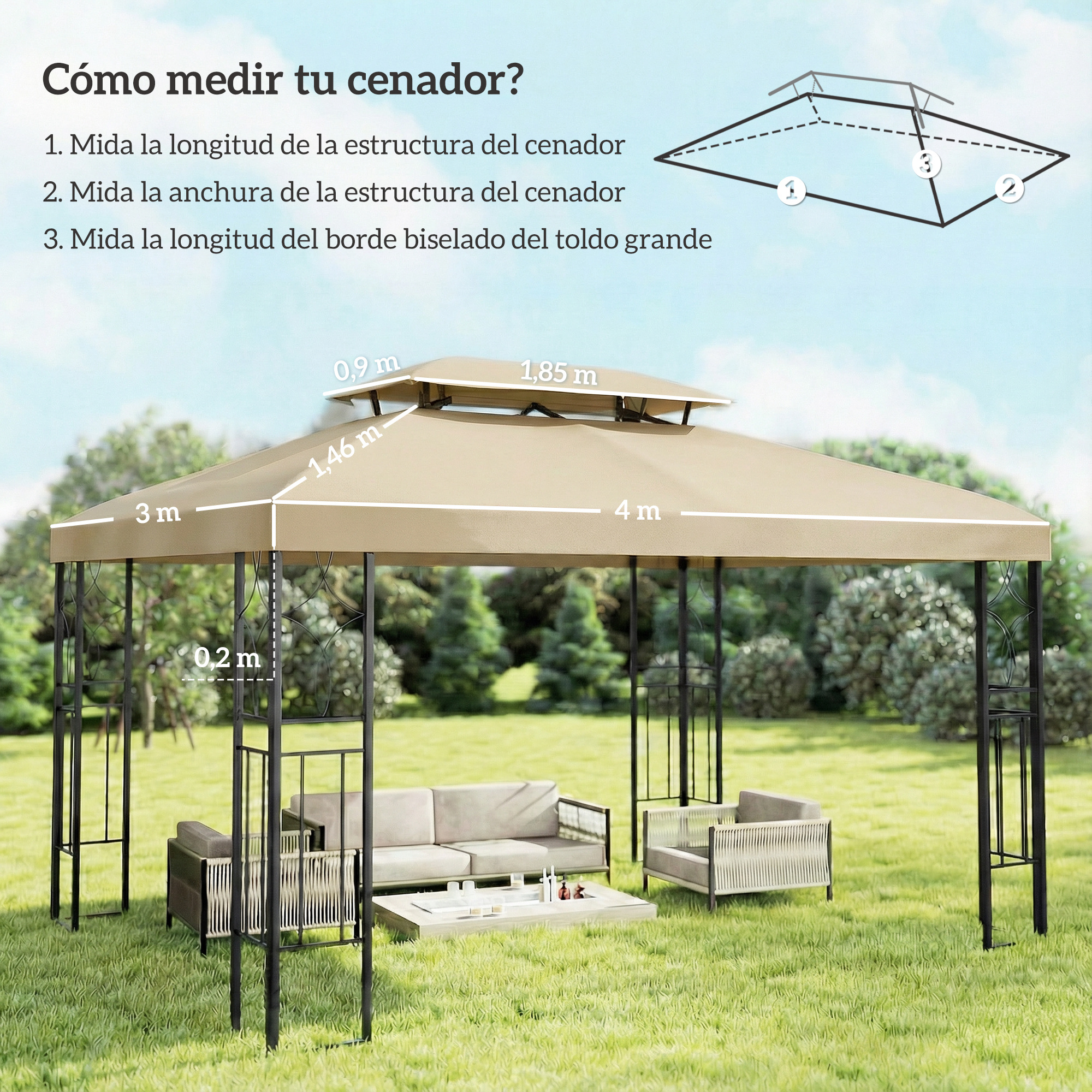 Un cenador exterior beige con muebles, mostrando dimensiones.