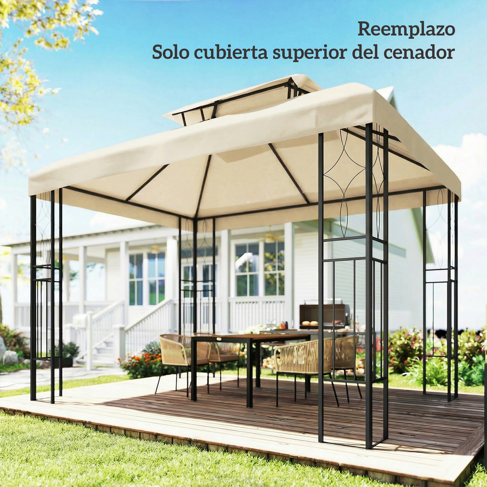 Un cenador beige con mesa y sillas en una terraza de madera, con una casa al fondo.