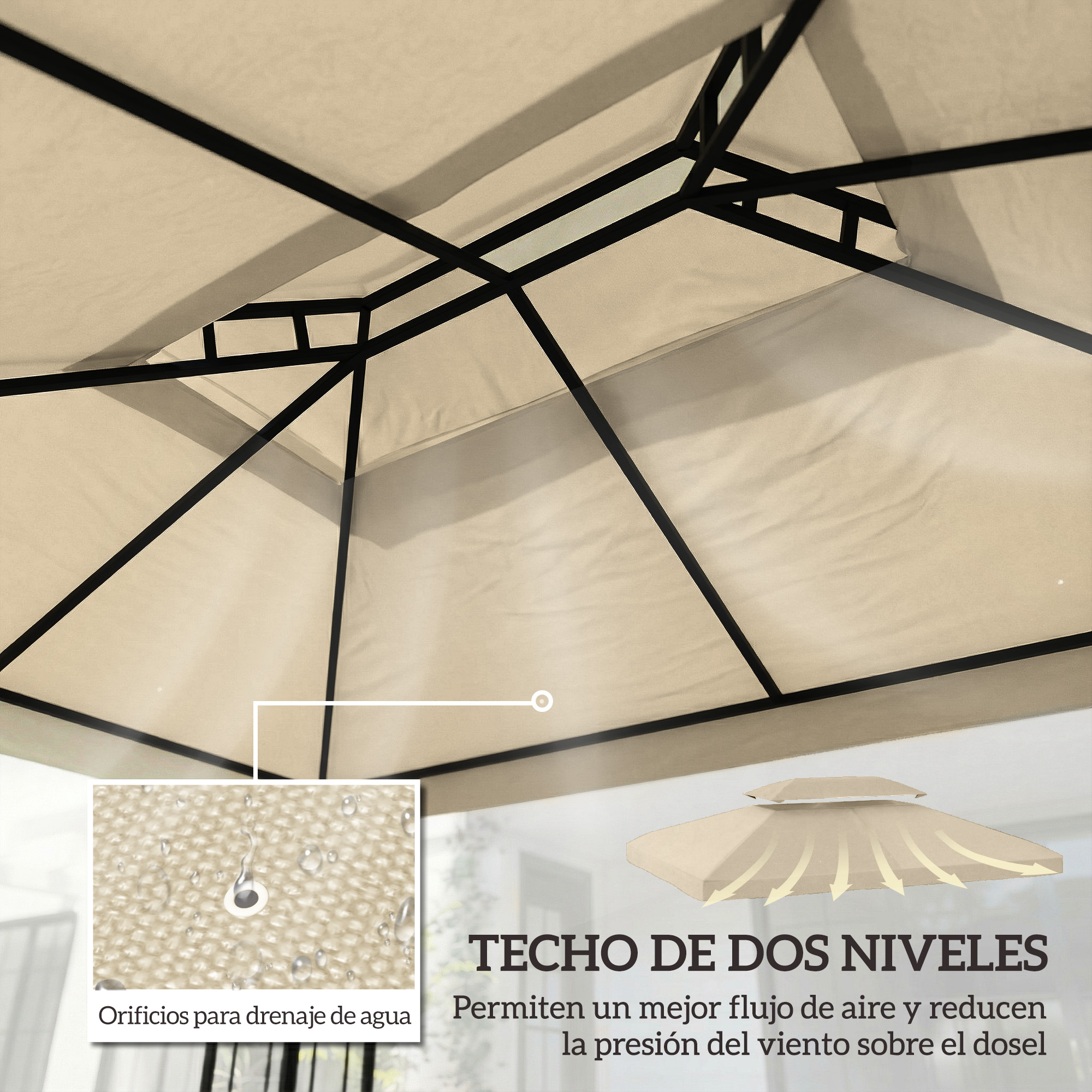 Cenador beige con marco metálico, dos niveles y orificios de drenaje.