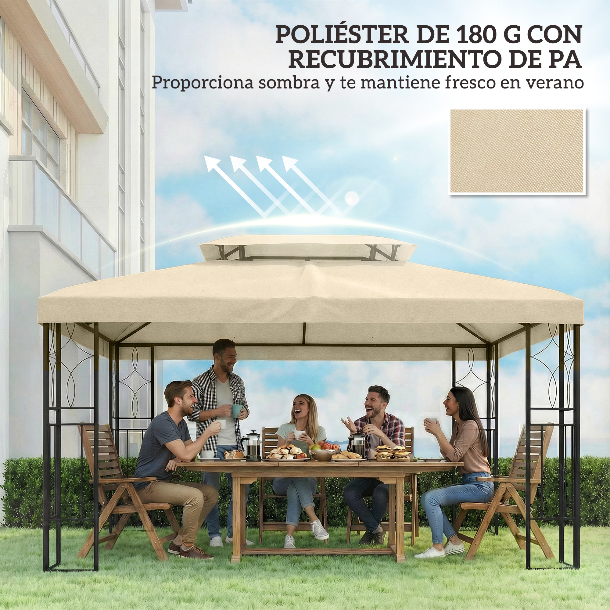 Cinco personas sentadas en una mesa de madera bajo un cenador beige.