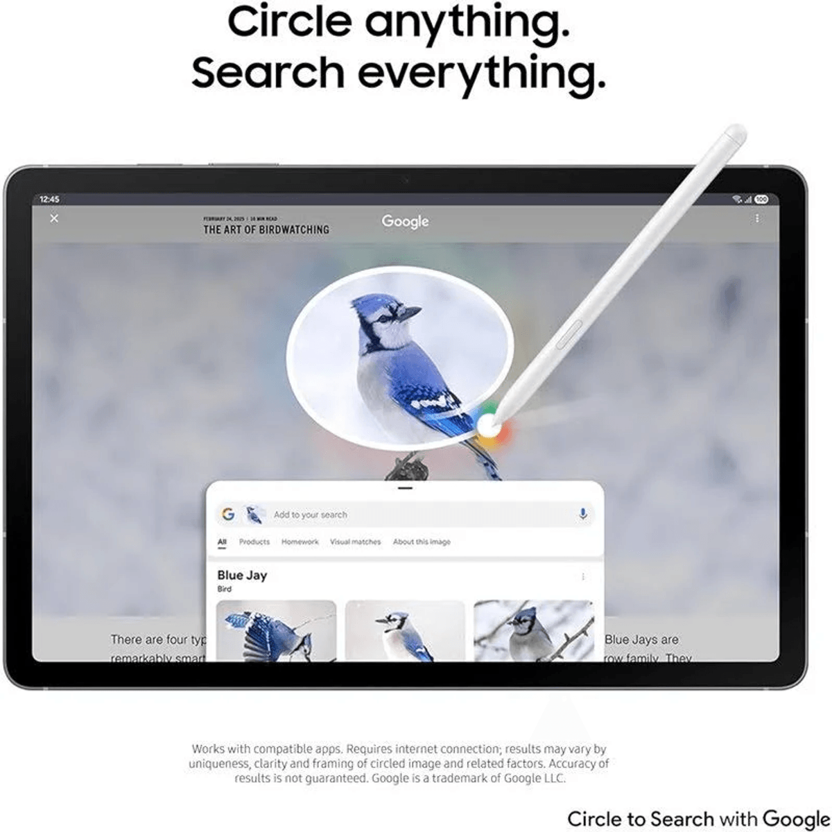 Tablet wyświetla wyszukiwanie Google z niebieskim ptakiem. Rysik go obrysowuje.