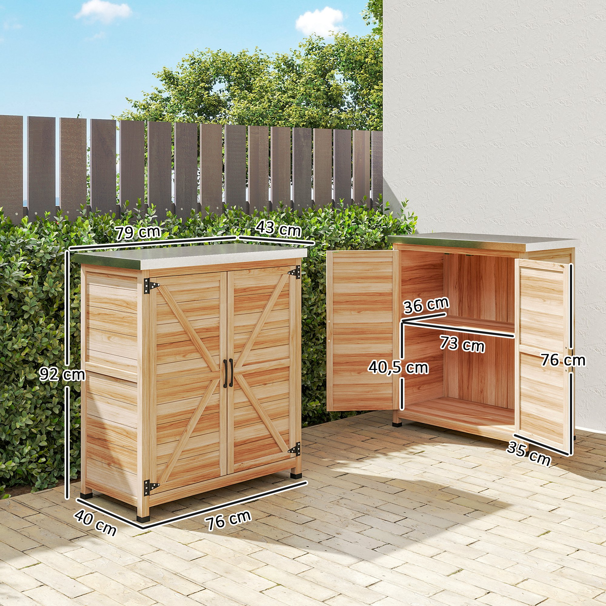 Dos armarios de madera con dimensiones, en un patio pavimentado frente a una valla.
