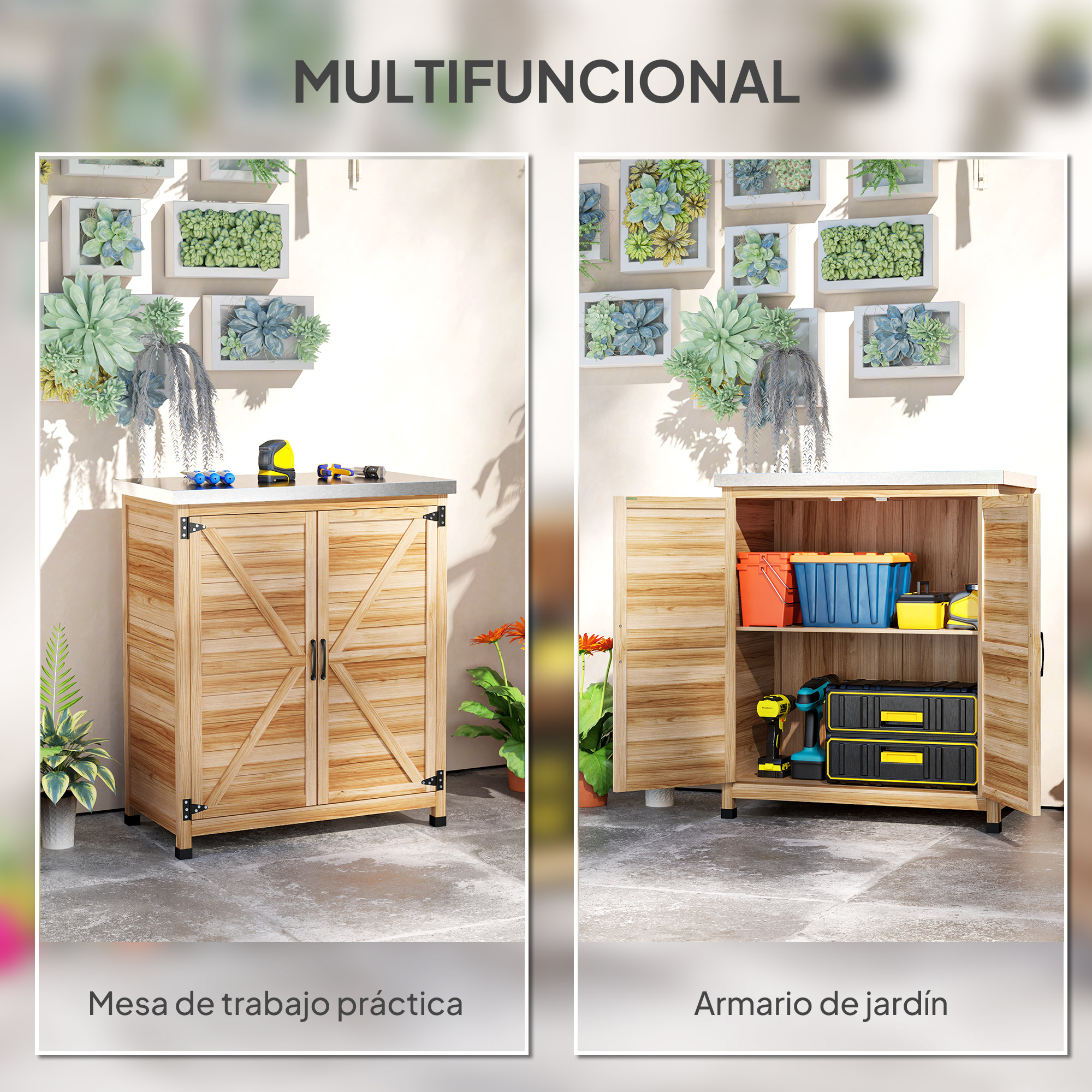 Armario de madera con herramientas y plantas, vistas interior y exterior.