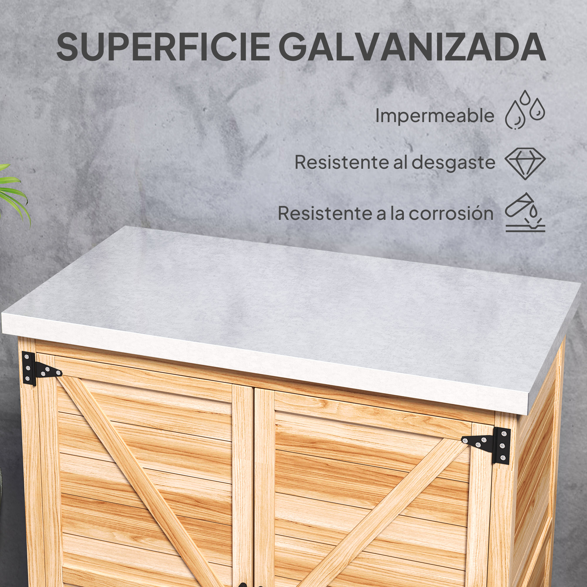 Gabinete de madera con encimera blanca, texto 'Superficie Galvanizada'.