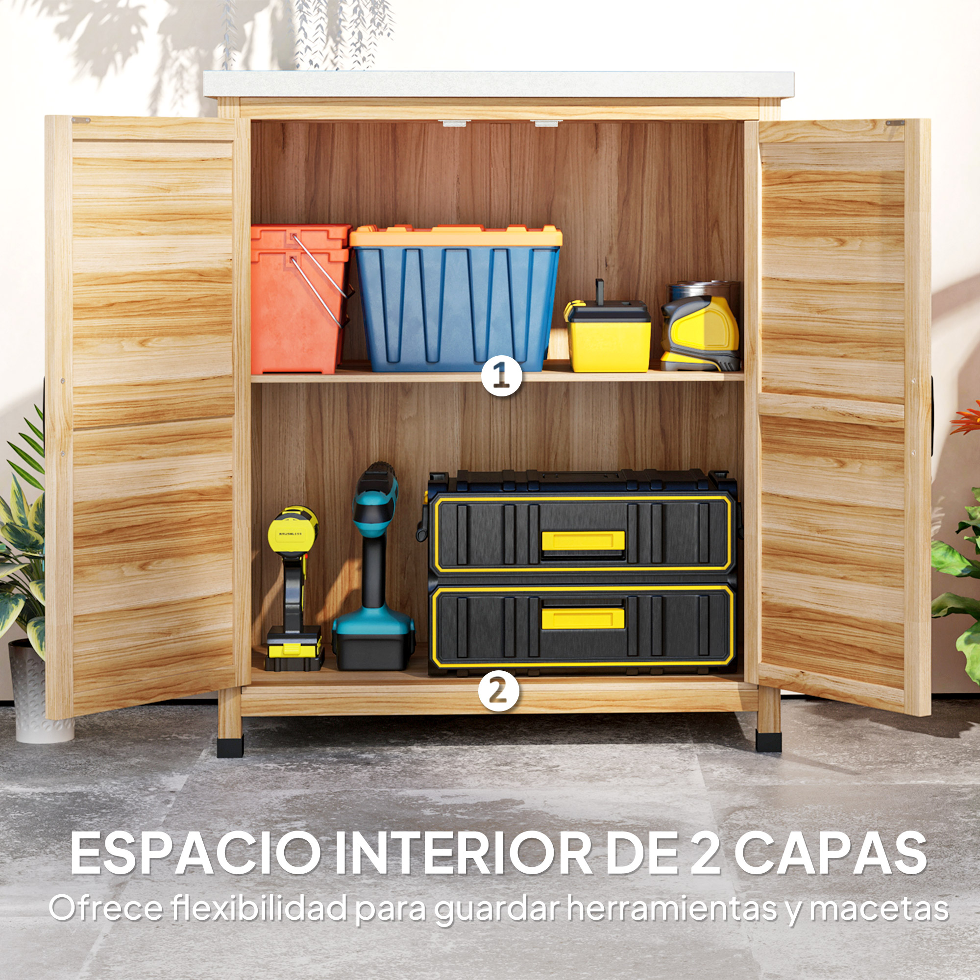 Un armario de madera con puertas abiertas, mostrando herramientas y contenedores dentro.