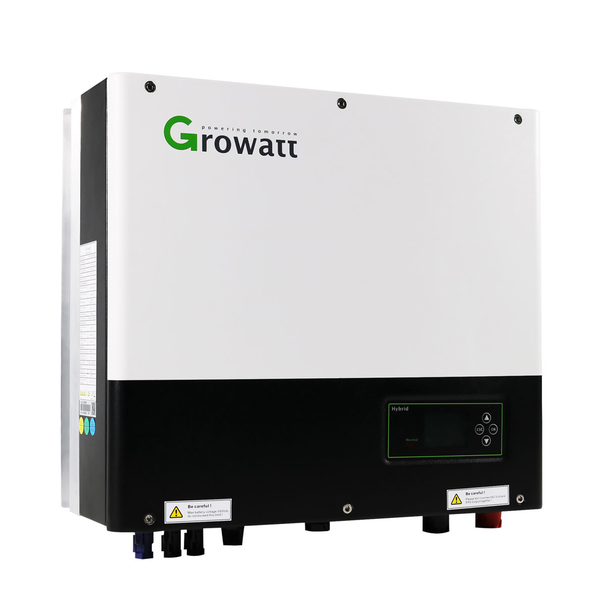 Weißer und schwarzer Growatt Hybrid-Wechselrichter mit Digitalanzeige und Tasten.