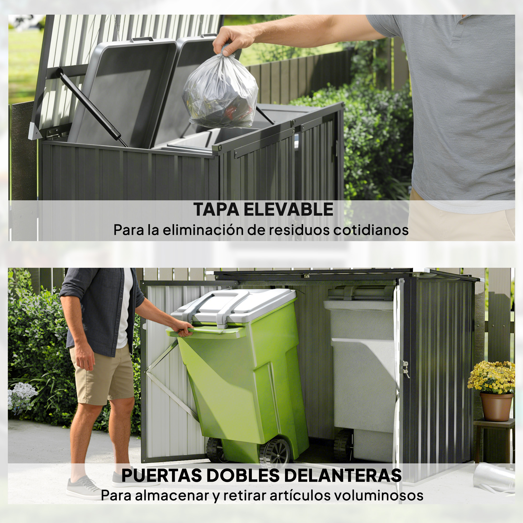 Hombre desecha bolsa de basura en cubo gris; hombre empuja cubo verde en armario.