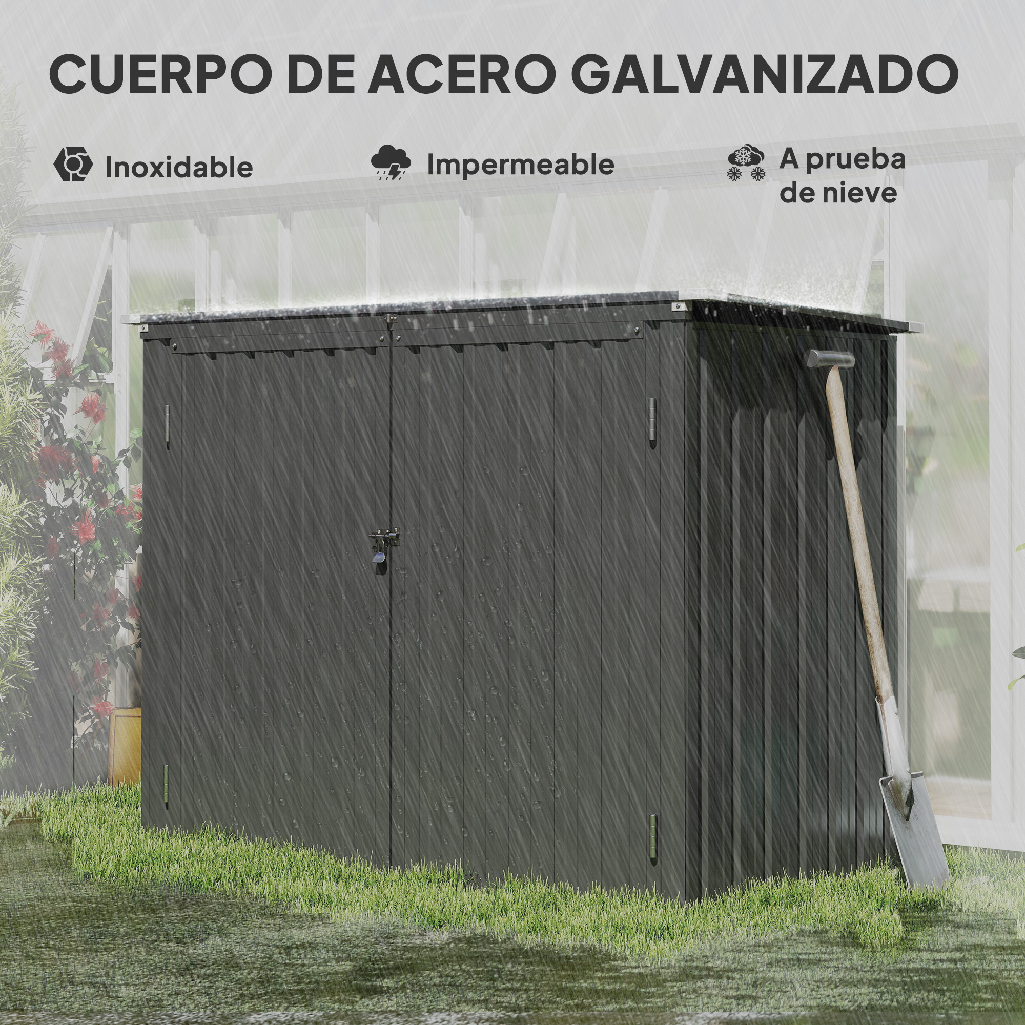 Un cobertizo de jardín oscuro bajo la lluvia sobre césped. Una pala apoyada.