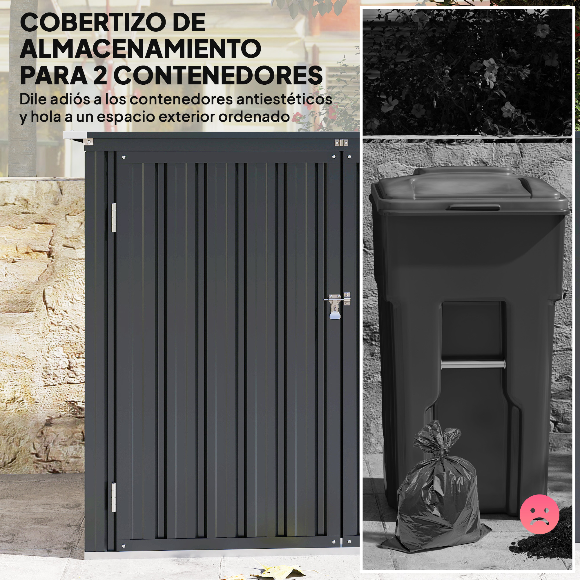 Un cobertizo oscuro para 2 contenedores junto a un contenedor con bolsa de basura.