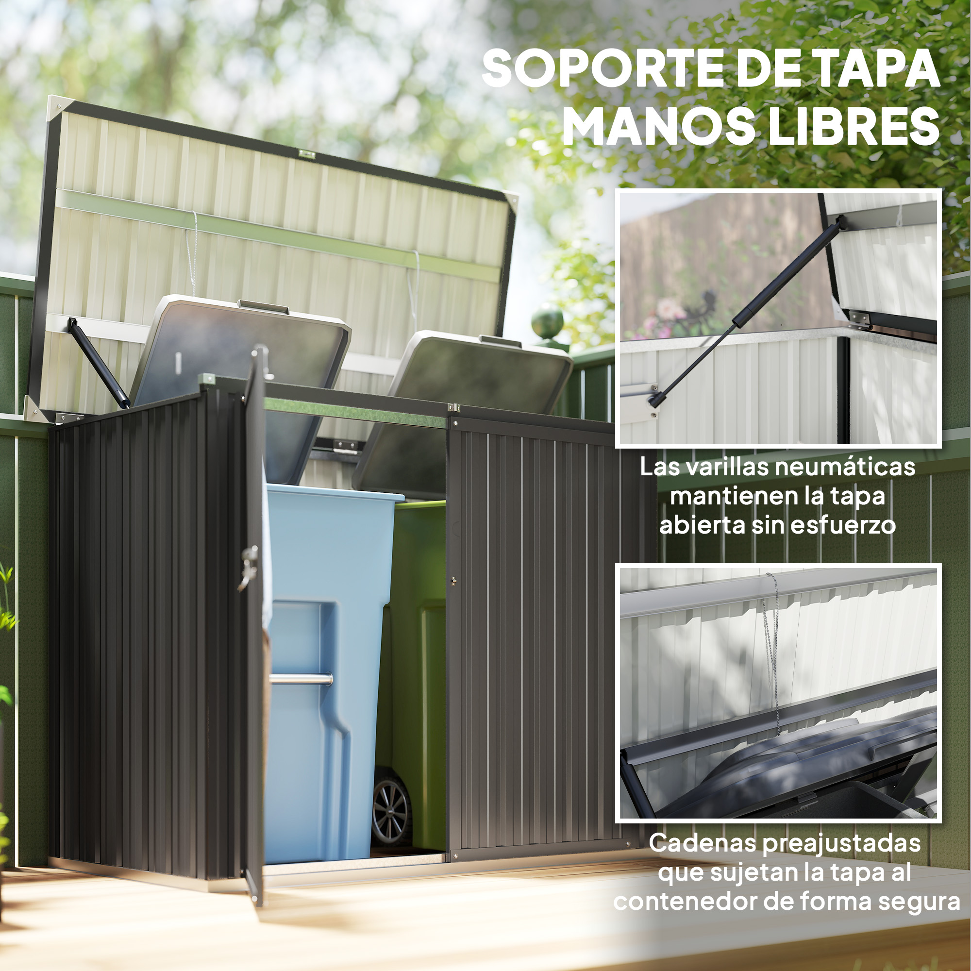Papelera gris oscura con tapa abierta, resortes de gas y cadenas.