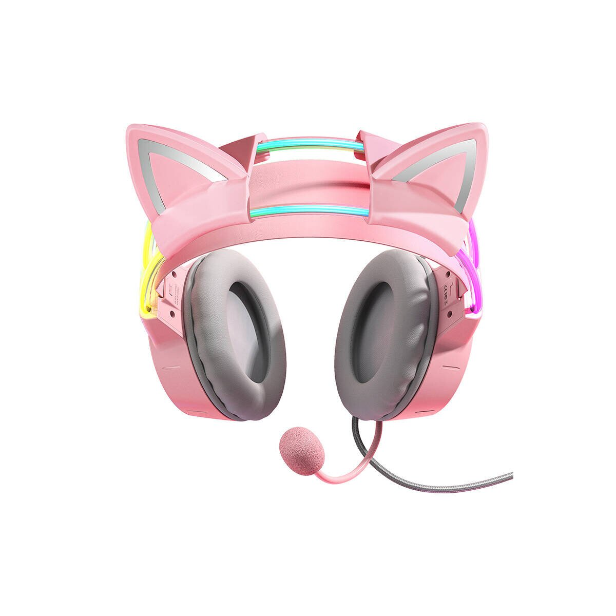 Ein rosa Headset mit Katzenohren und leuchtenden Akzenten.
