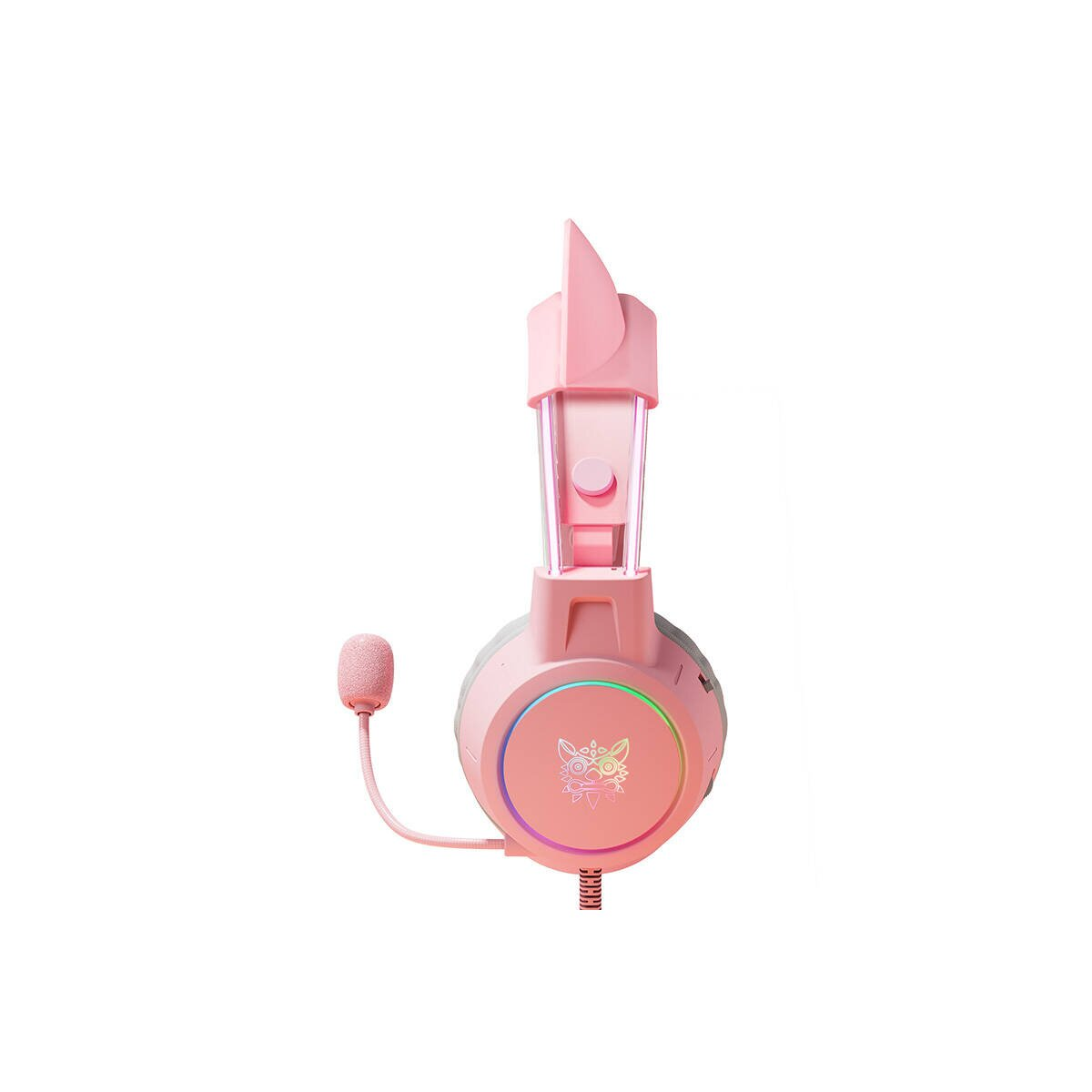 Ein rosa Headset mit Mikrofon und einem Katzenlogo, das auf einem weißen Hintergrund steht.