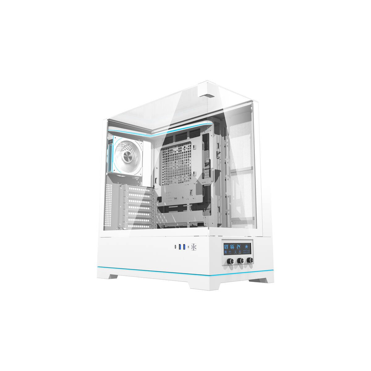 Case PC bianco con pannelli laterali in vetro, componenti interni visibili, accenti LED blu.