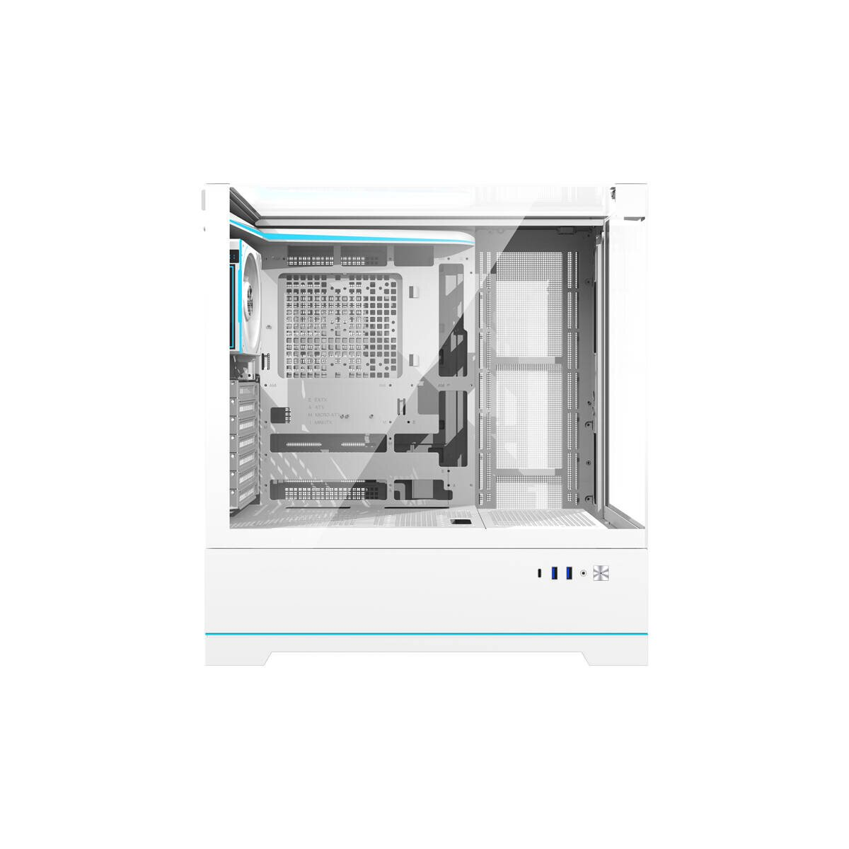 Un case per computer bianco con frontale in vetro, ventola e accenti blu.