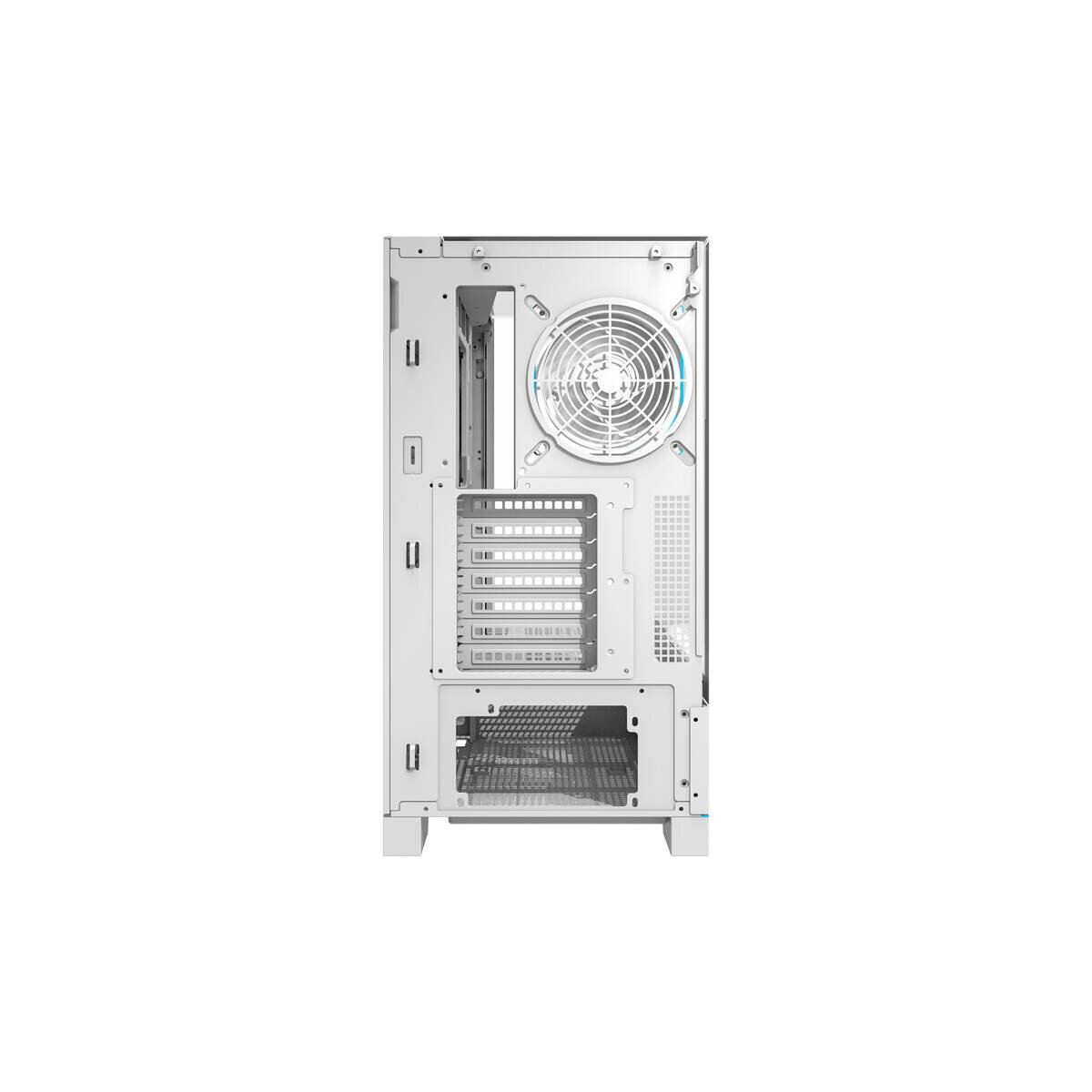 Vista posteriore di un case per computer bianco con ventola, slot di espansione e porte.