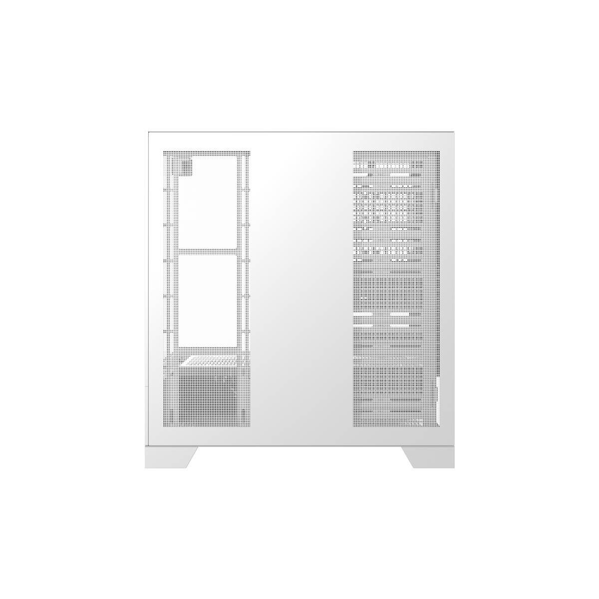 Un case per computer bianco con griglie di ventilazione e finestre.