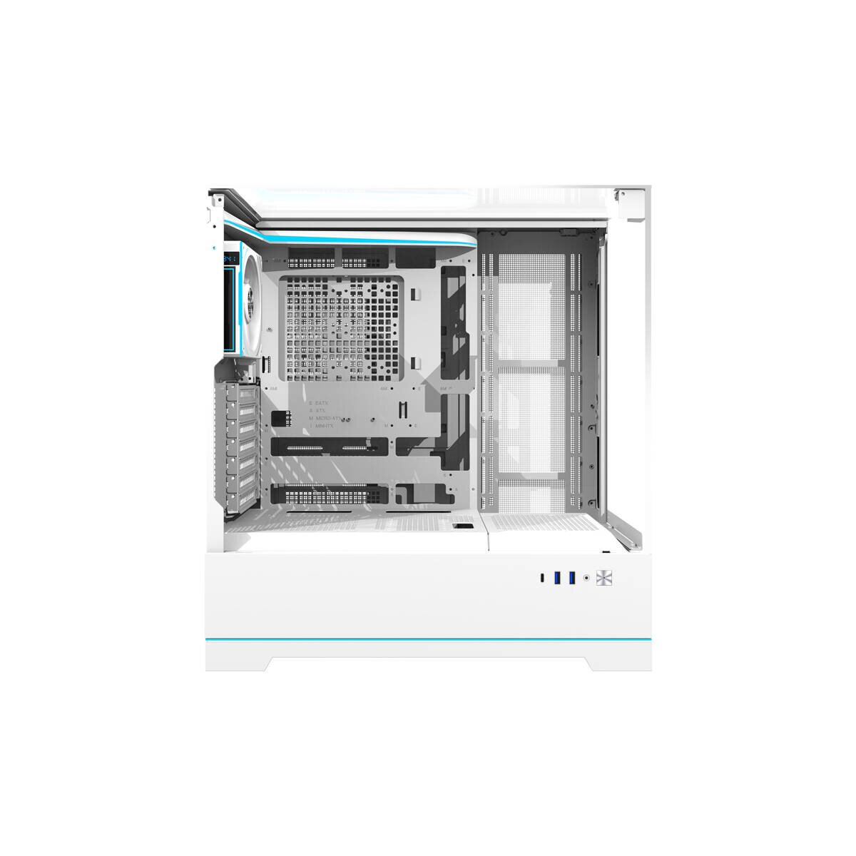 Interno aperto di case PC bianco con accenti blu. Mostra supporti scheda madre e ventola.
