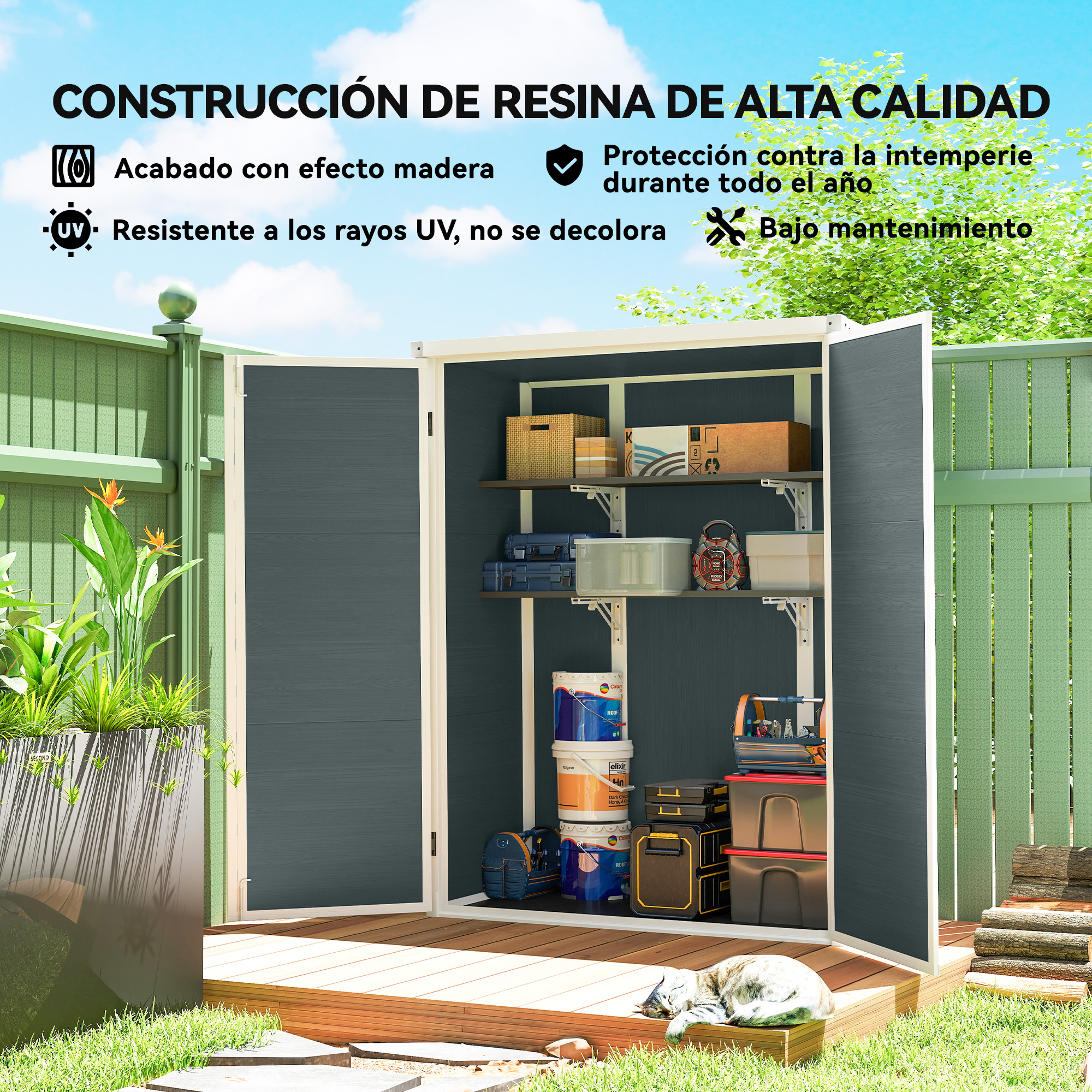 Un cobertizo de resina abierto, lleno de cubos de pintura y cajas de herramientas. Un gato duerme afuera.