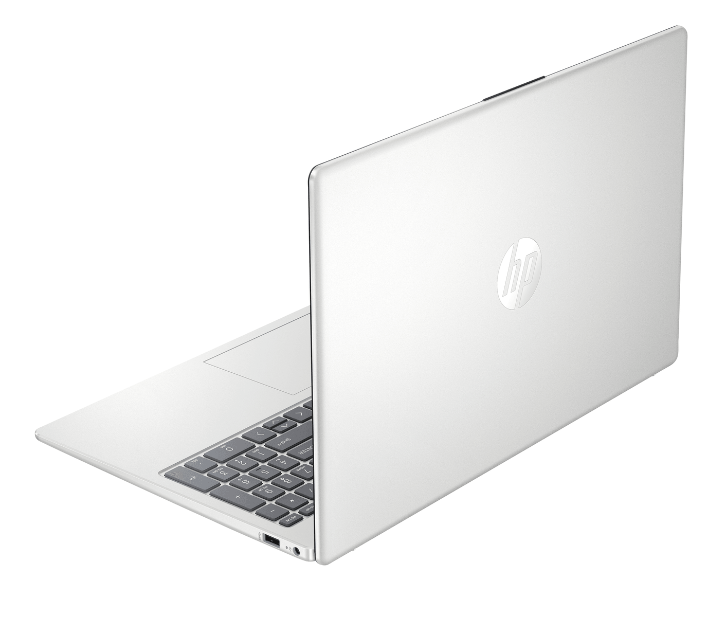 Un portátil HP plateado abierto mostrando teclado y trackpad, aislado en blanco.