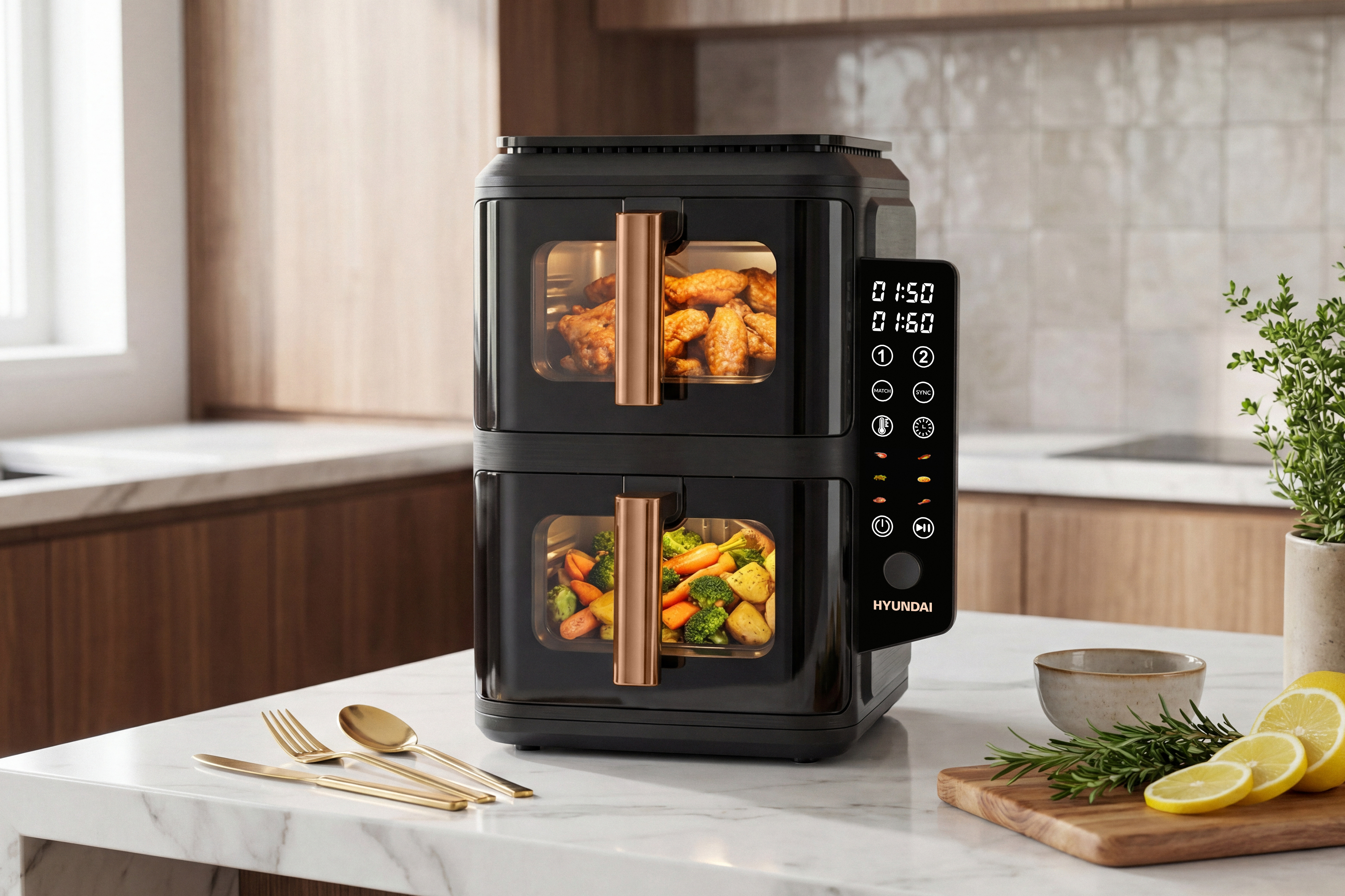 A black double air fryer with chicken and vegetables, next to lemons.