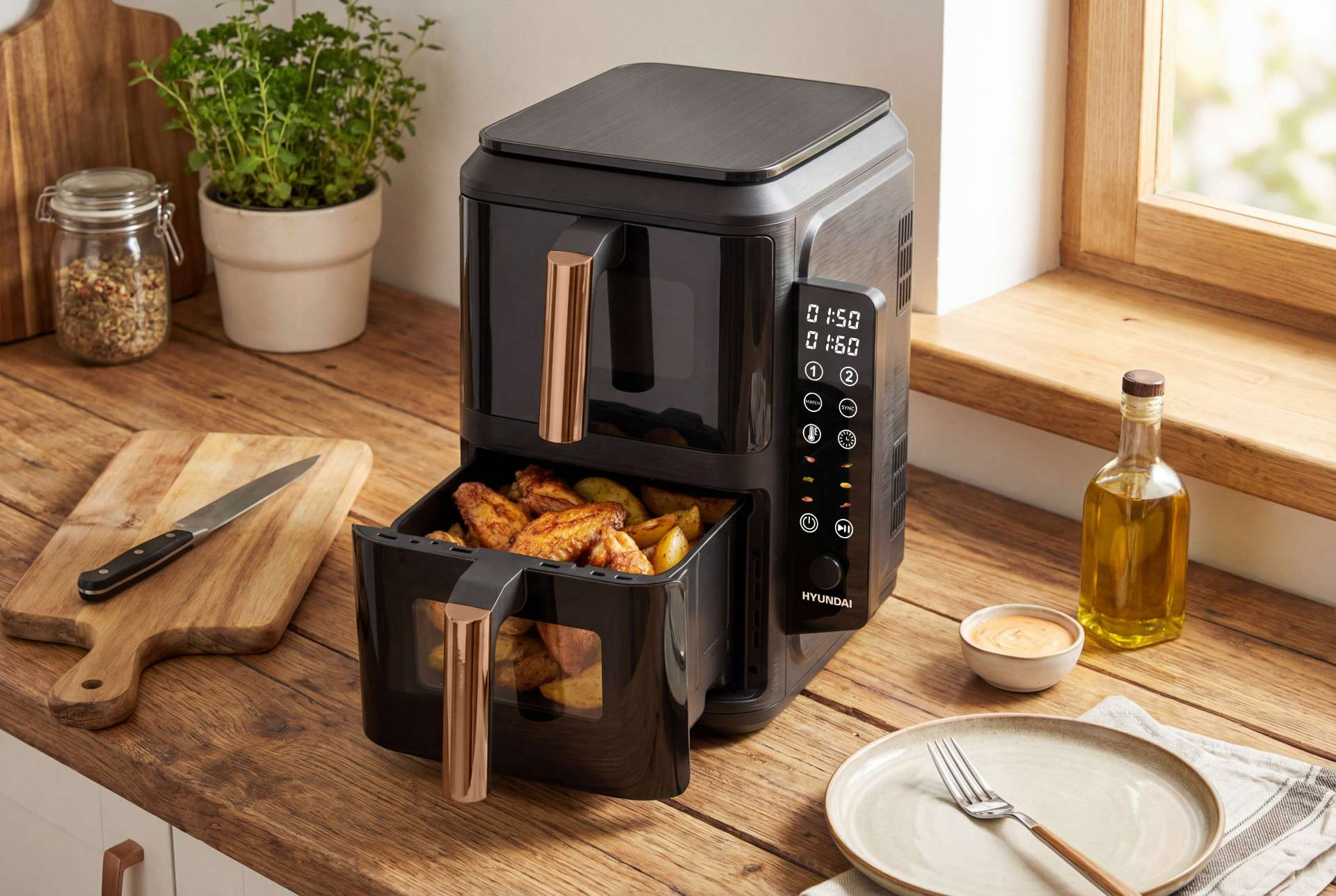A black air fryer with fried chicken pieces and potatoes inside.