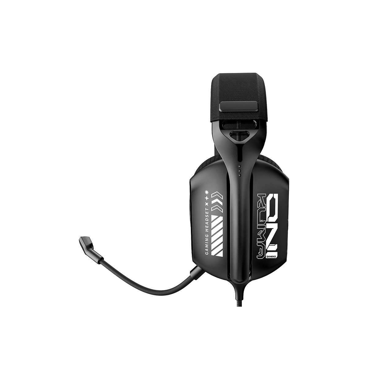 Schwarzer Gaming-Headset mit Mikrofon, weiße Schriftzüge und Muster.