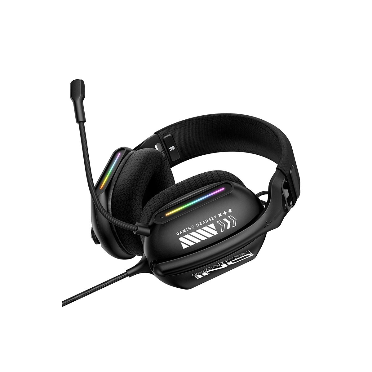 Schwarzer Gaming-Kopfhörer mit Mikrofon und Regenbogen-LEDs.