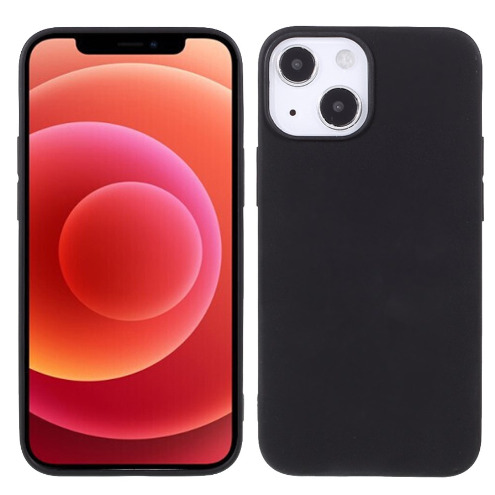 Custodia nera accanto a uno smartphone con sfondo rosso.